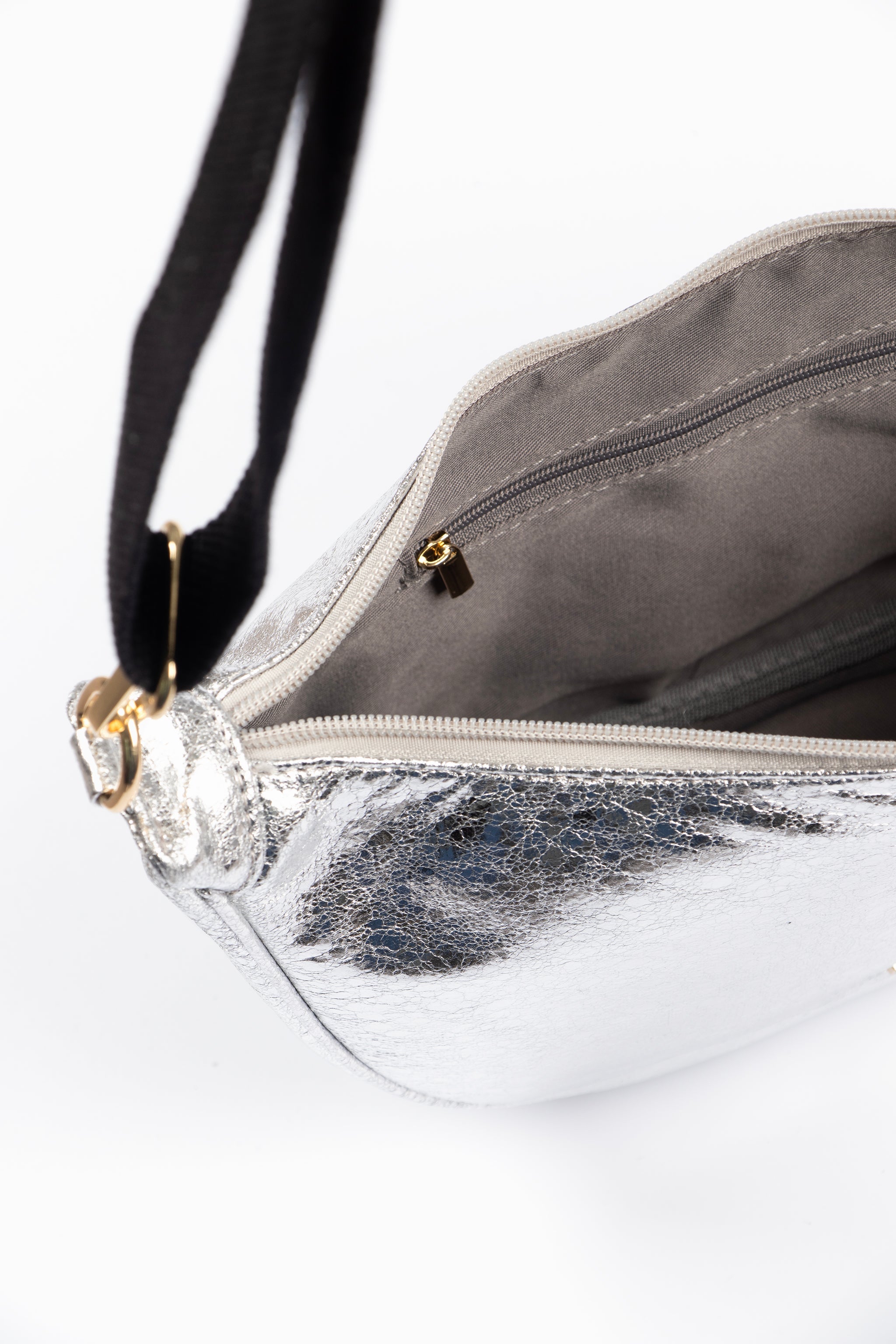 Bellamy Half Moon Crossbody Bag - Metallic Silver, Cracked Faux Leather