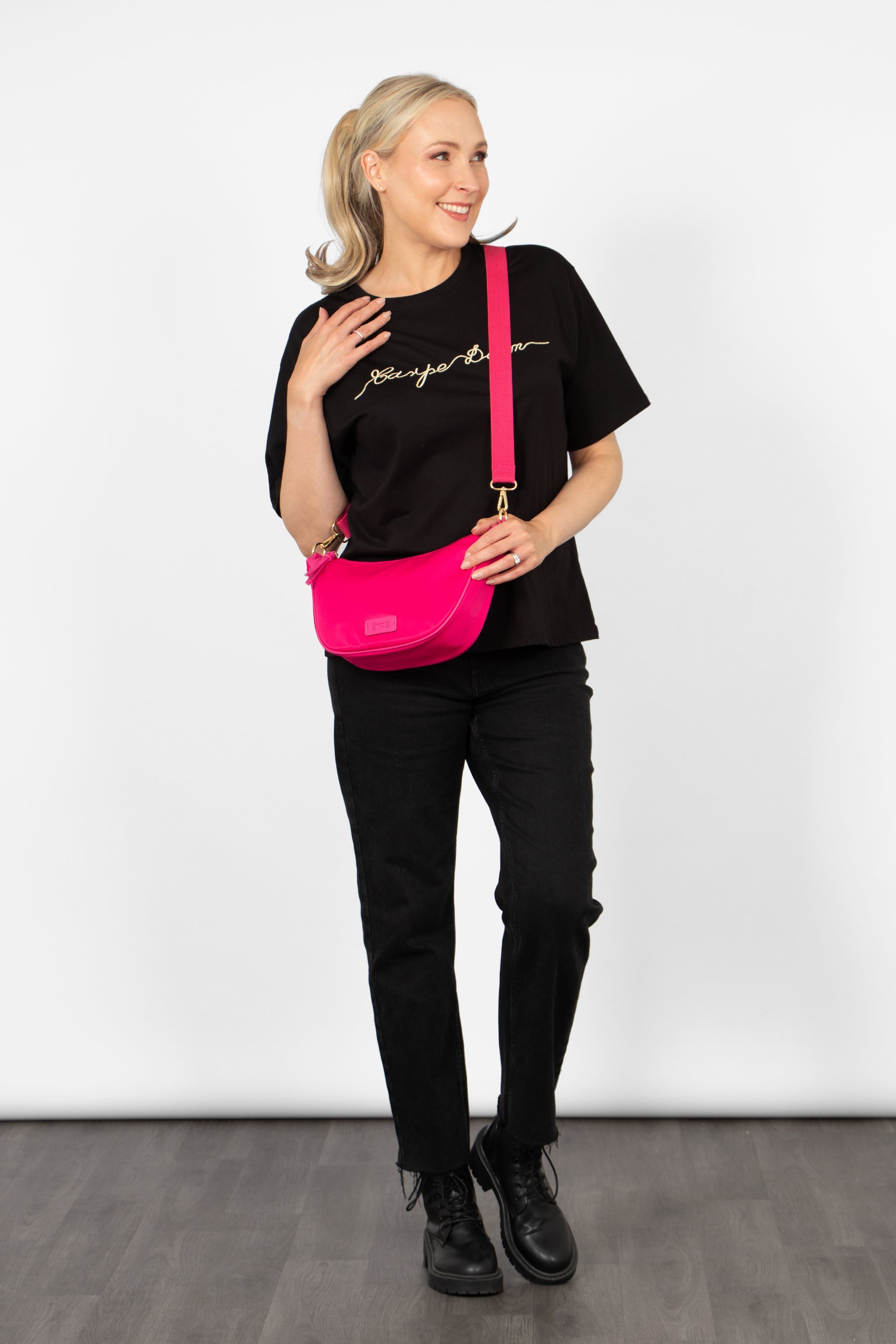Quinn Half Moon Crossbody Bag - Pink, Nylon/PU
