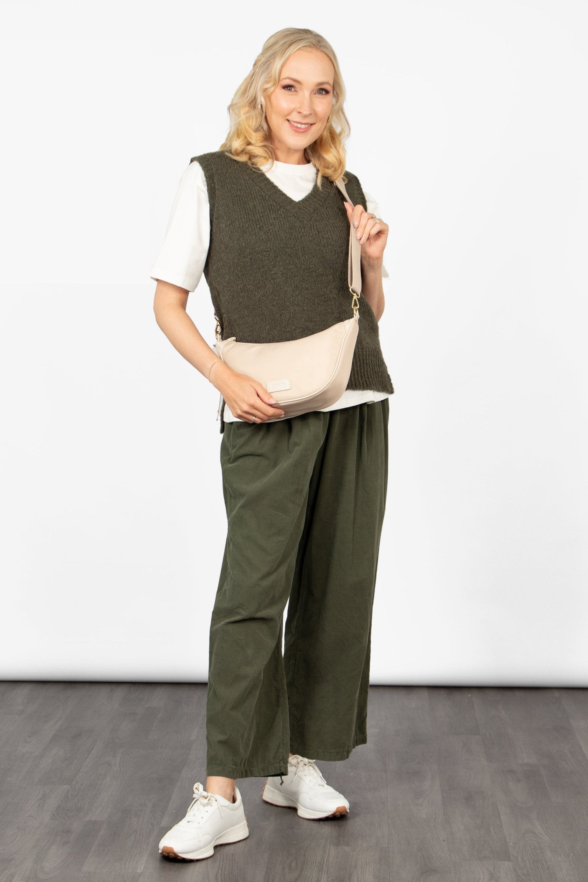 Quinn Half Moon Crossbody Bag - Cream, Nylon/PU