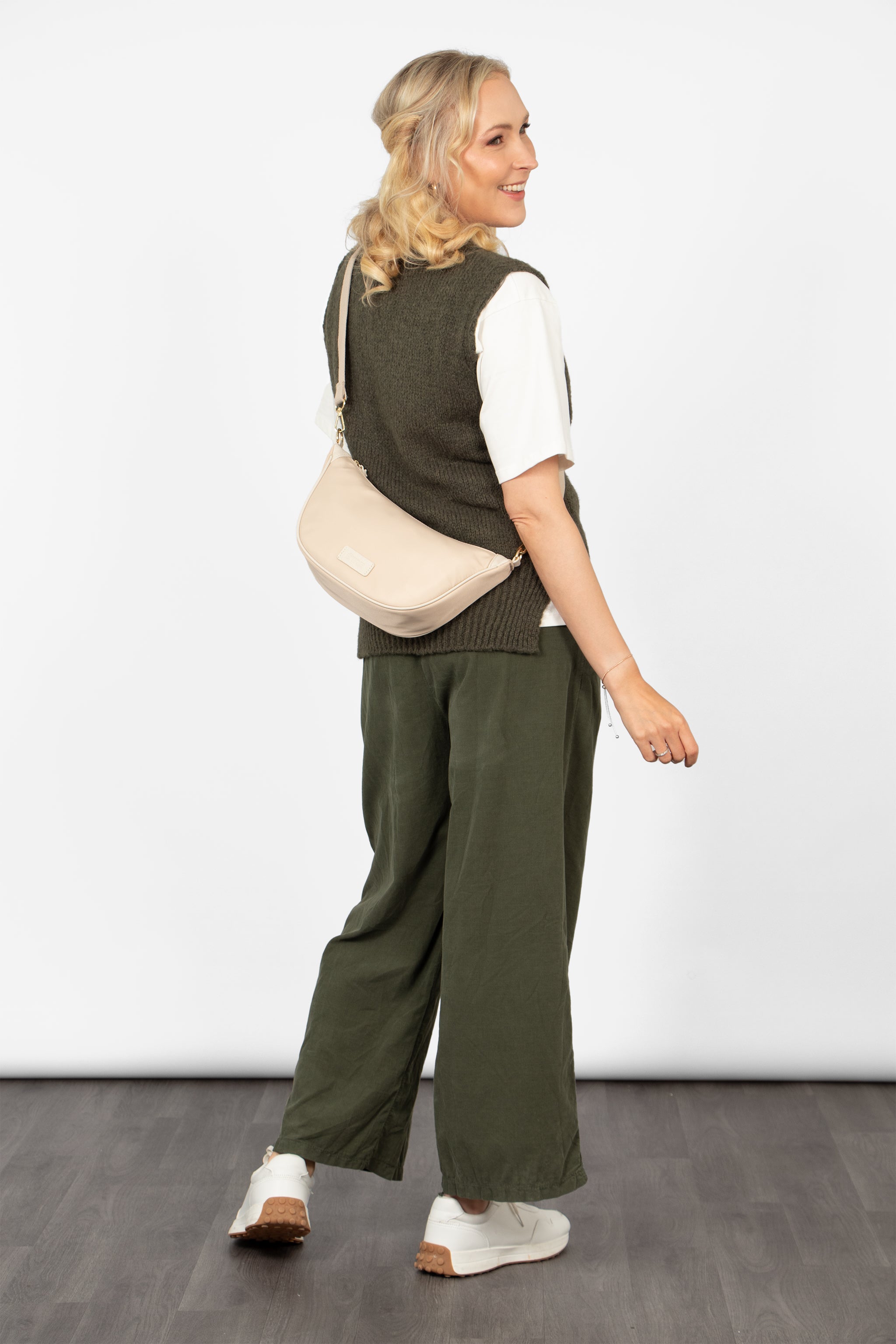 Quinn Half Moon Crossbody Bag - Cream, Nylon/PU