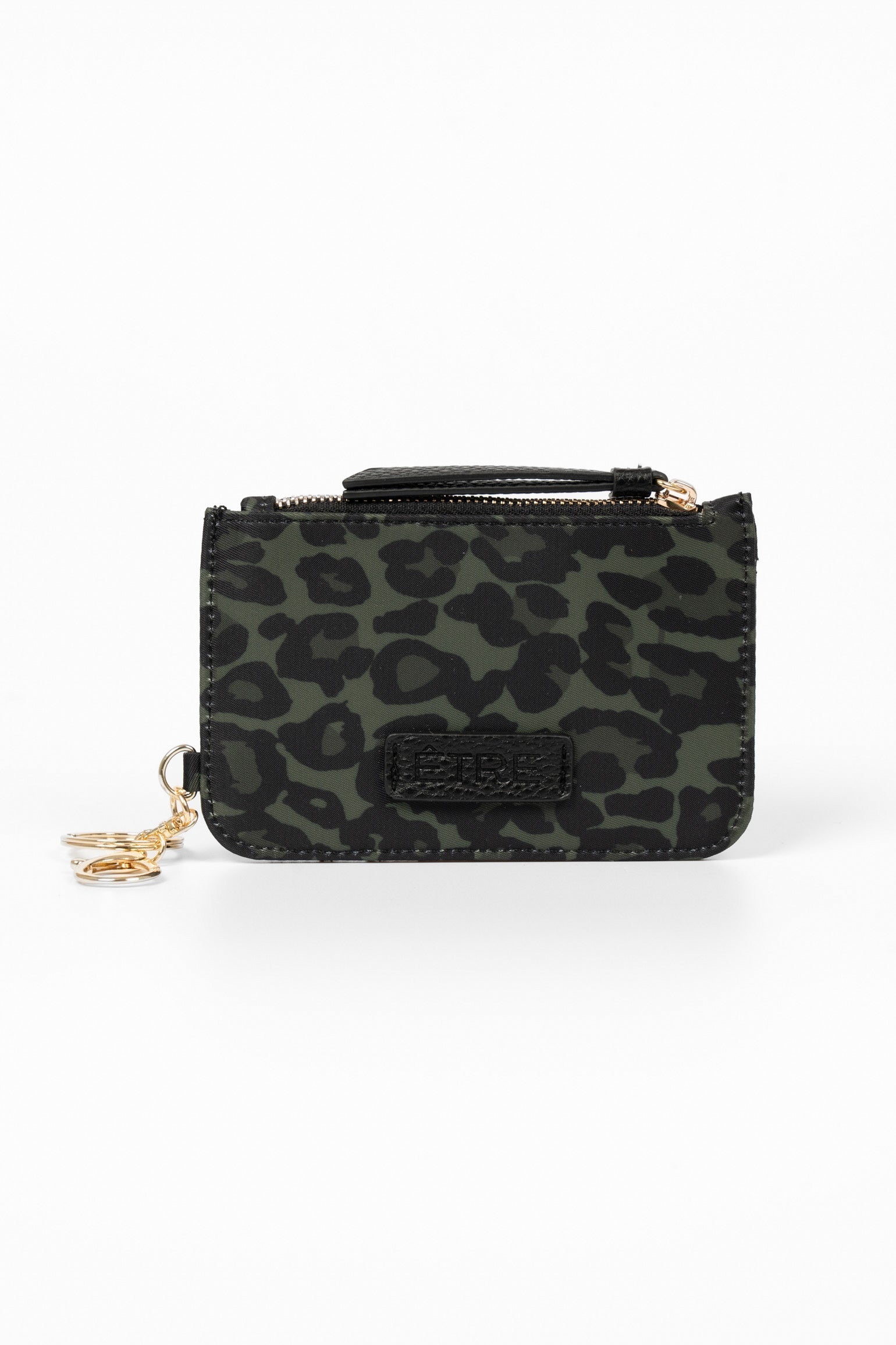 florrie-card-holder-wallet-khaki-leopard-print-nylon-front-view-two-clip-on-attachments