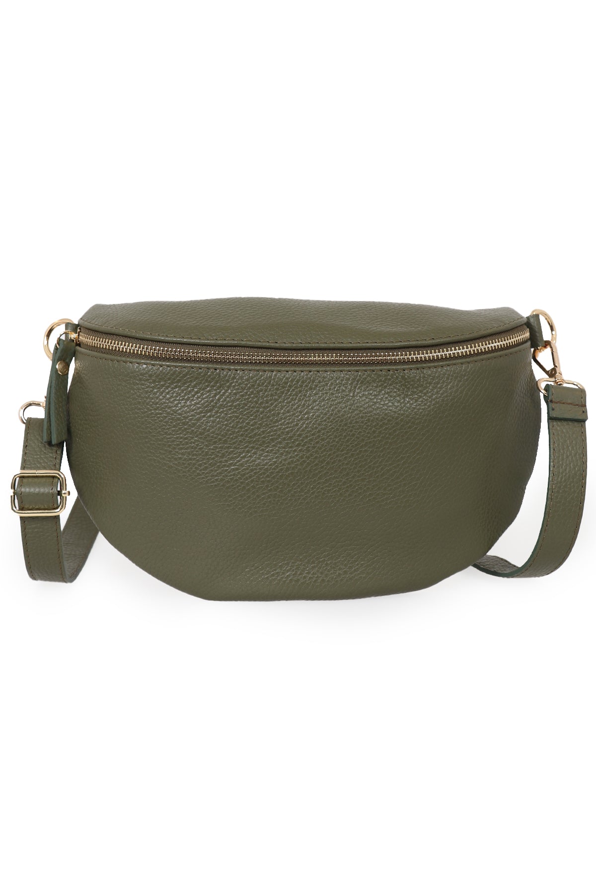close up of the khaki green pebbled leather bag, showing clearly the zip closure and adjustable strap