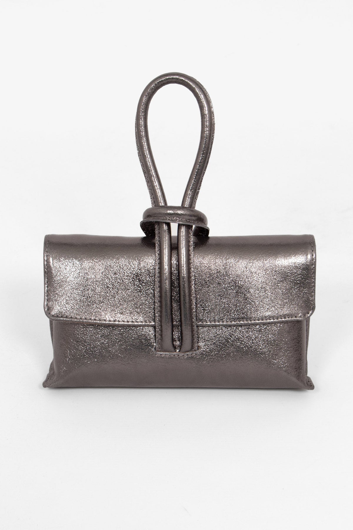 Sarta Italian Leather Knot Wrist Clutch Bag Gun Metal Metallic 