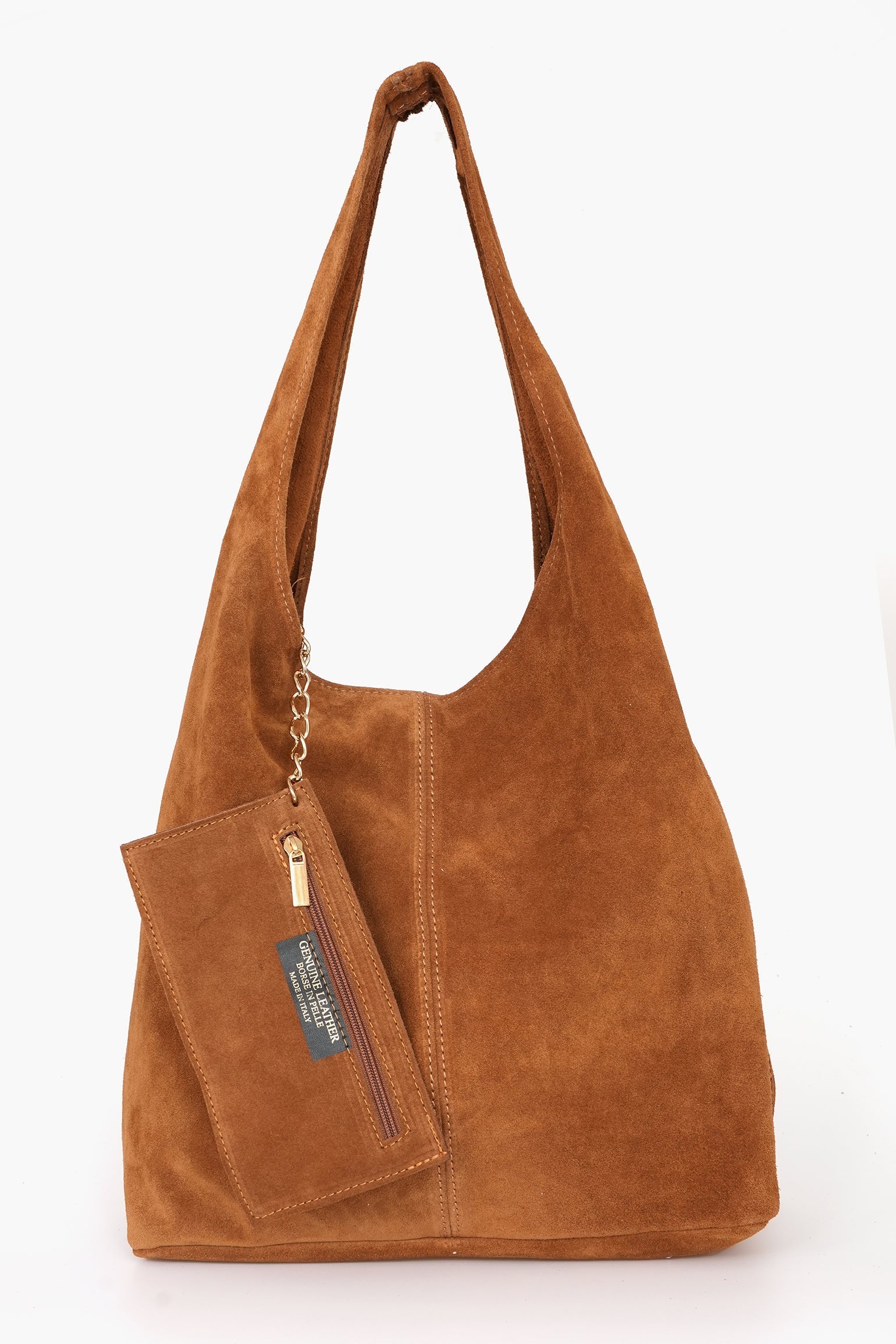 Ridley-Italian-Suede-Leather-Shoulder-Bag-in-Tan-Showing-Attached-Internal-Zip-Pouch