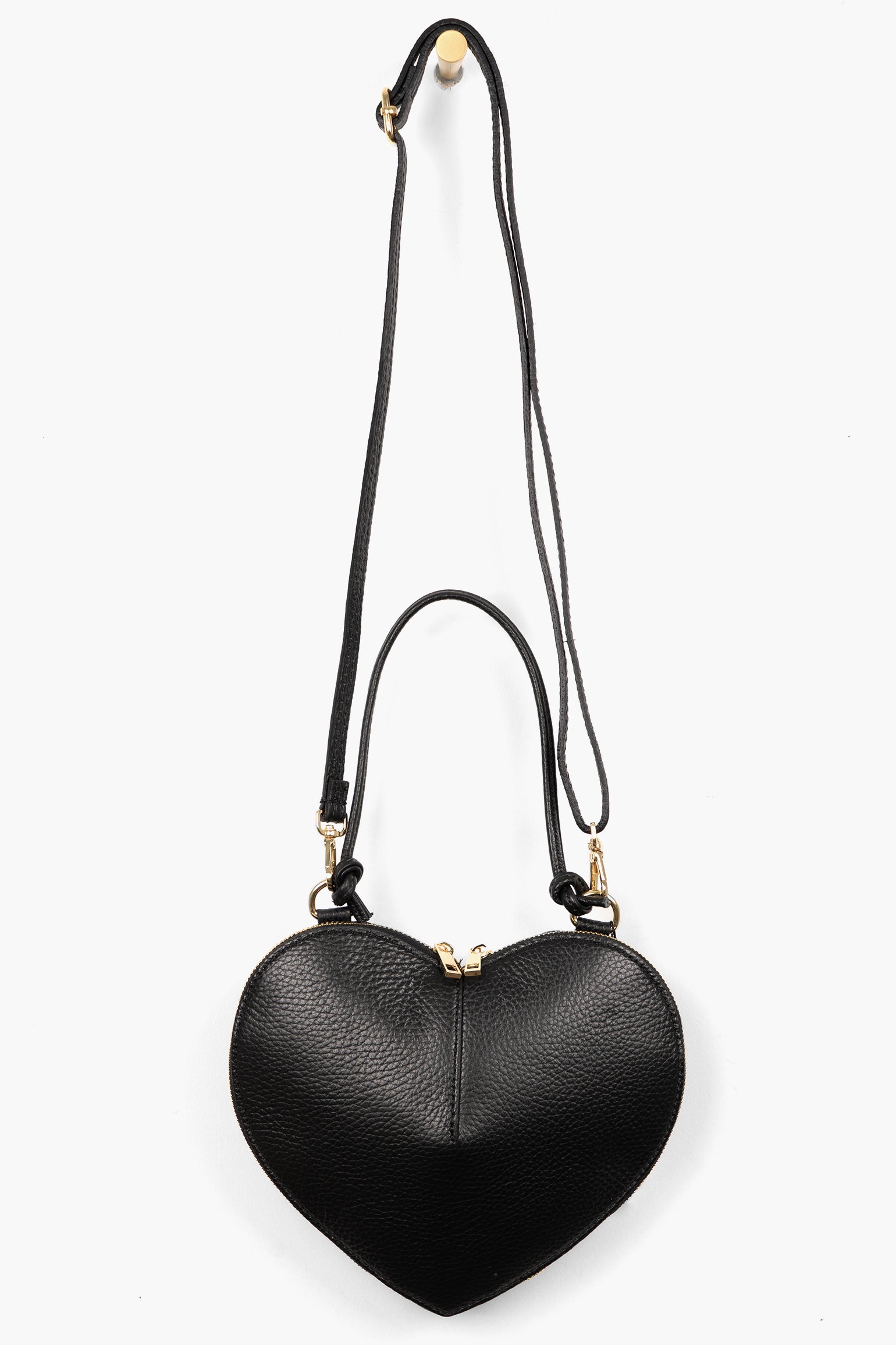 Heart-Crossbody-Bag-Pebbled-Italian-Leather-in-Black-Front-Showing-Adjustable-Strap