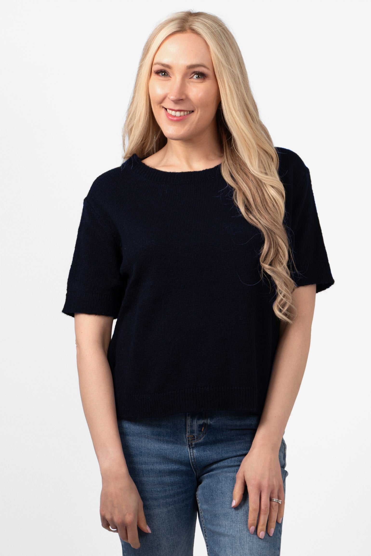 cece-wool-blend-short-sleeve-box-jumper-navy-blue-model-showing-the-front-of-the-piece