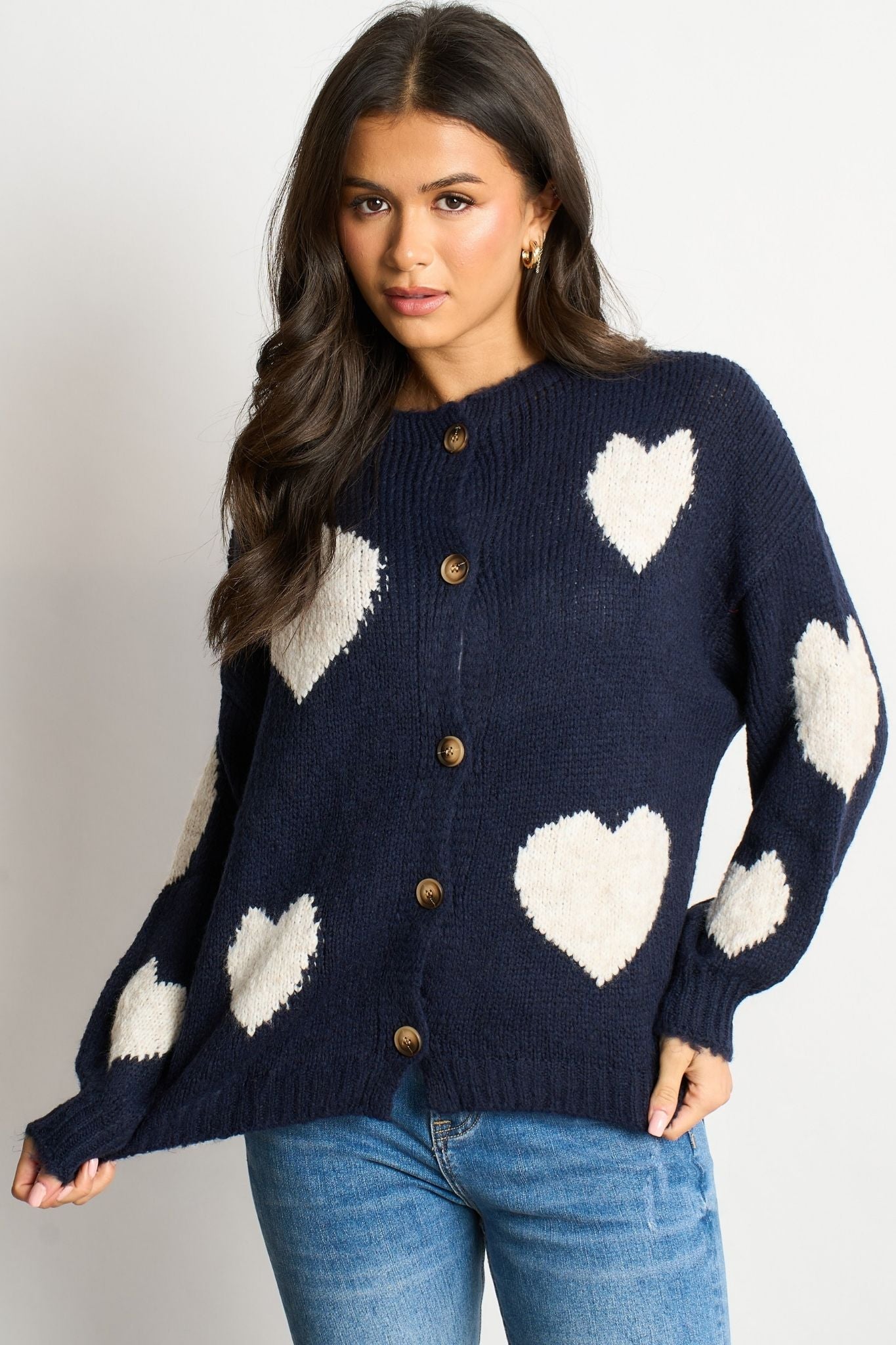 Lexi Wool Blend Cardigan - Navy Blue/Cream, Love Hearts