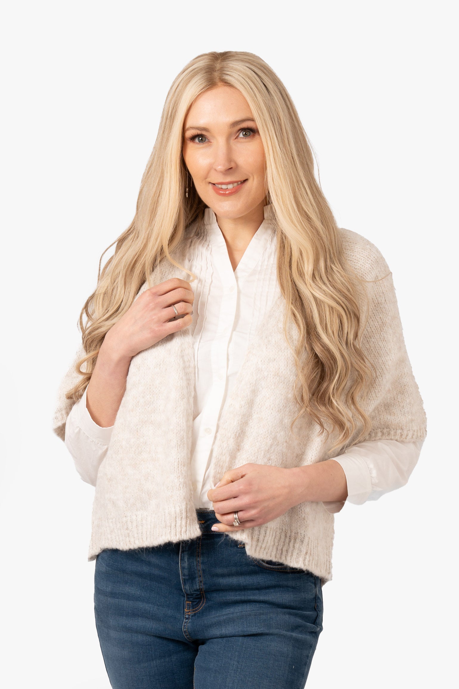 amelia-short-sleeve-wool-blend-cardigan-cream-model-showing-the-front