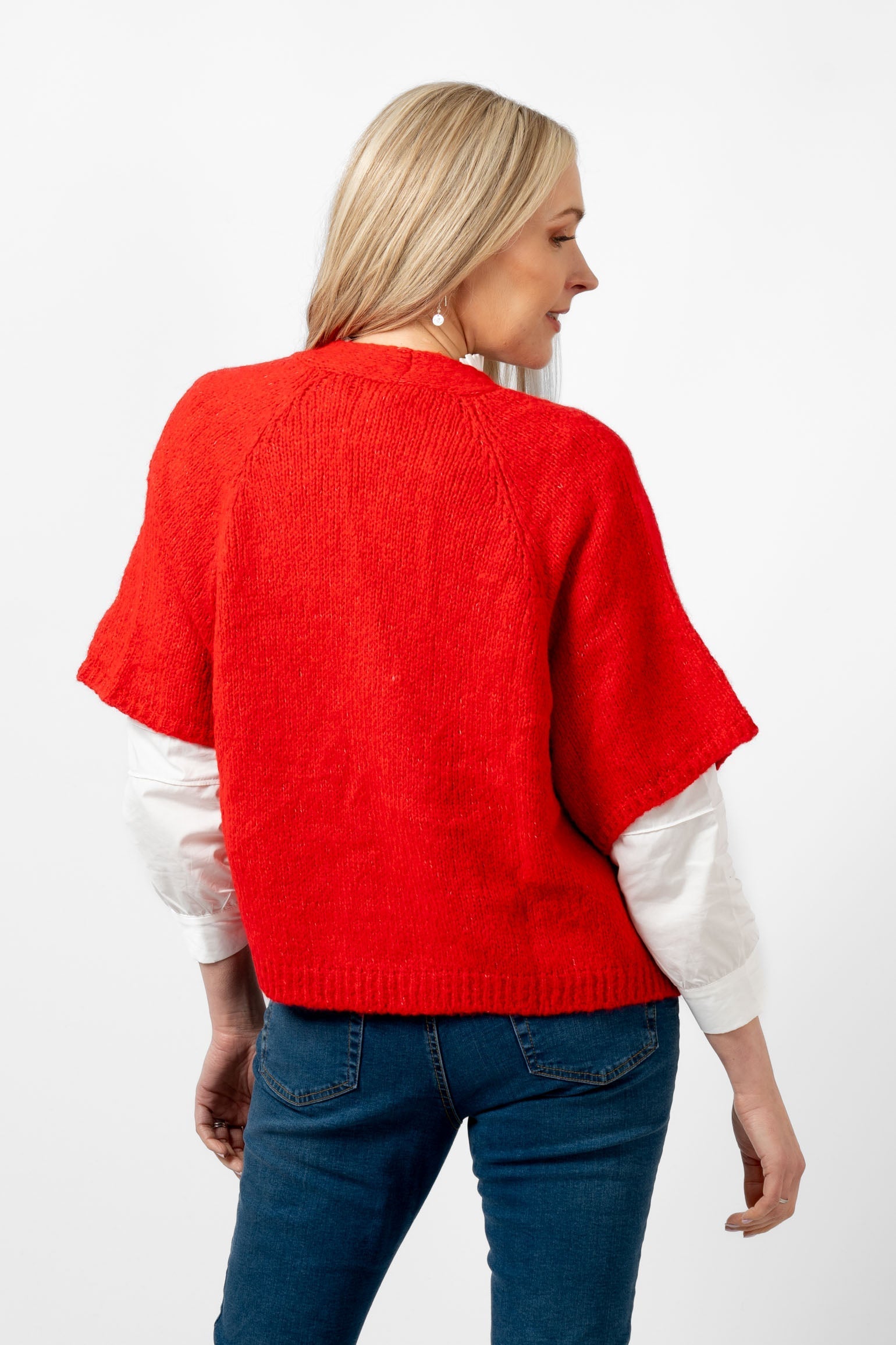 amelia-wool-blend-short-sleeve-cardigan-red-model-showing-the-back-of-the-jumper