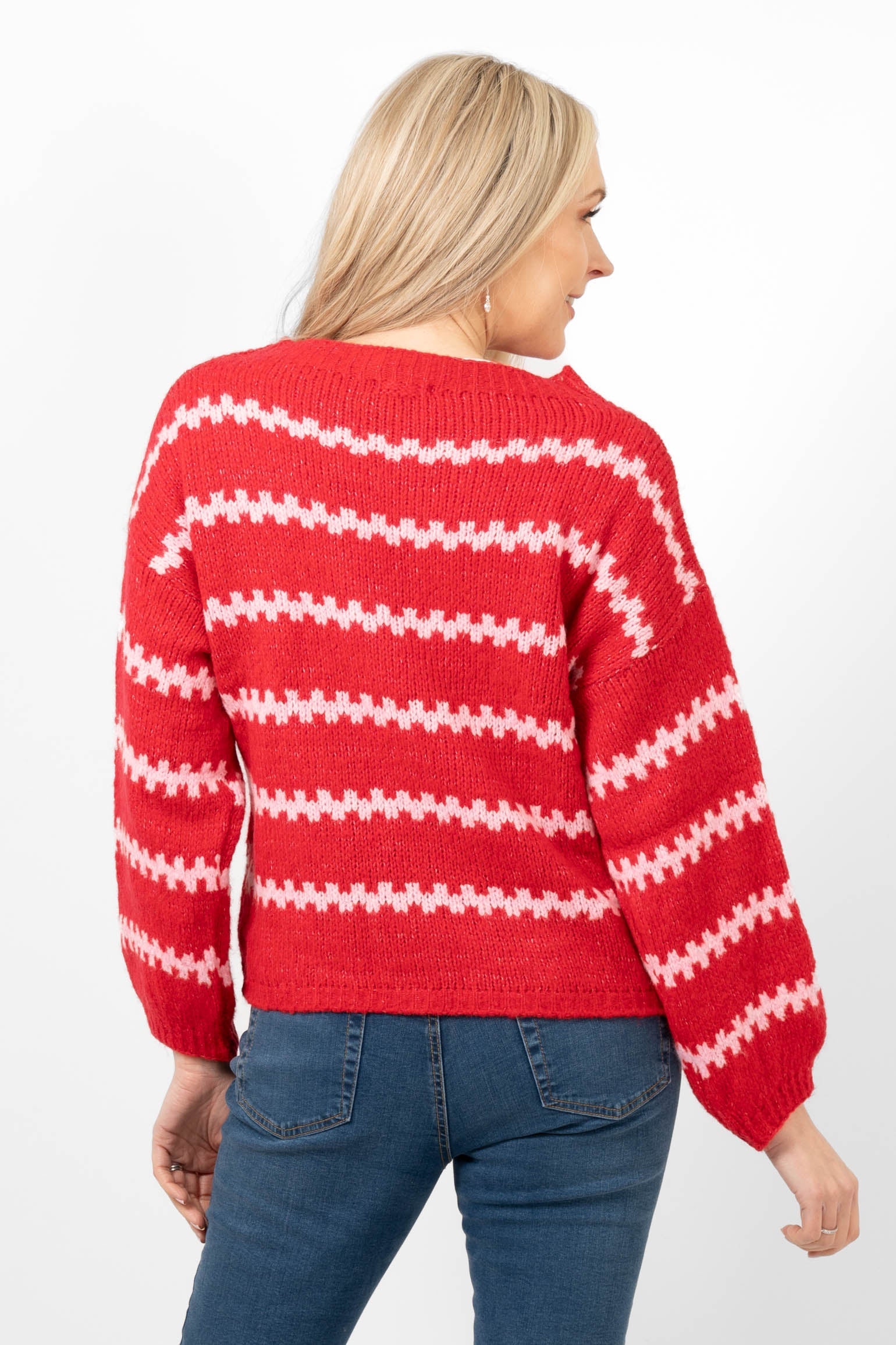 kennedy-wool-blend-jumper-red-pink-wavy-stripe-rear-view-patterned