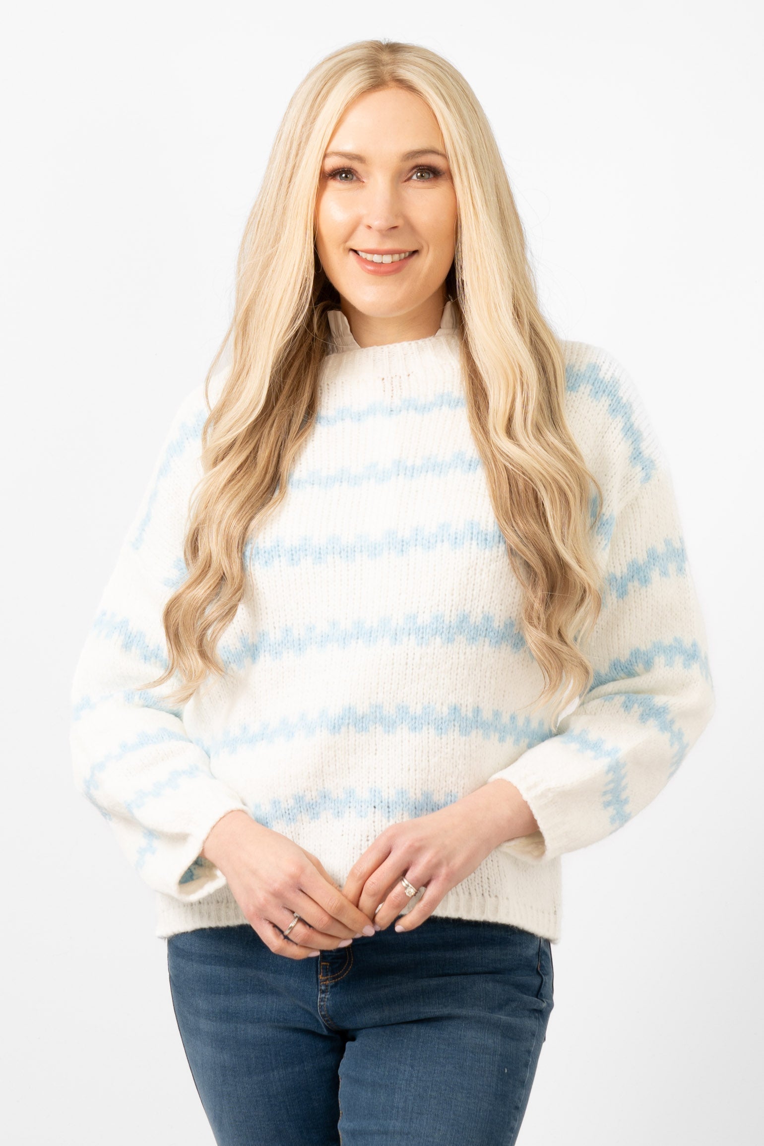 kennedy-wool-blend-jumper-white-light-blue-wavy-stripe-model-showing-the-front-view