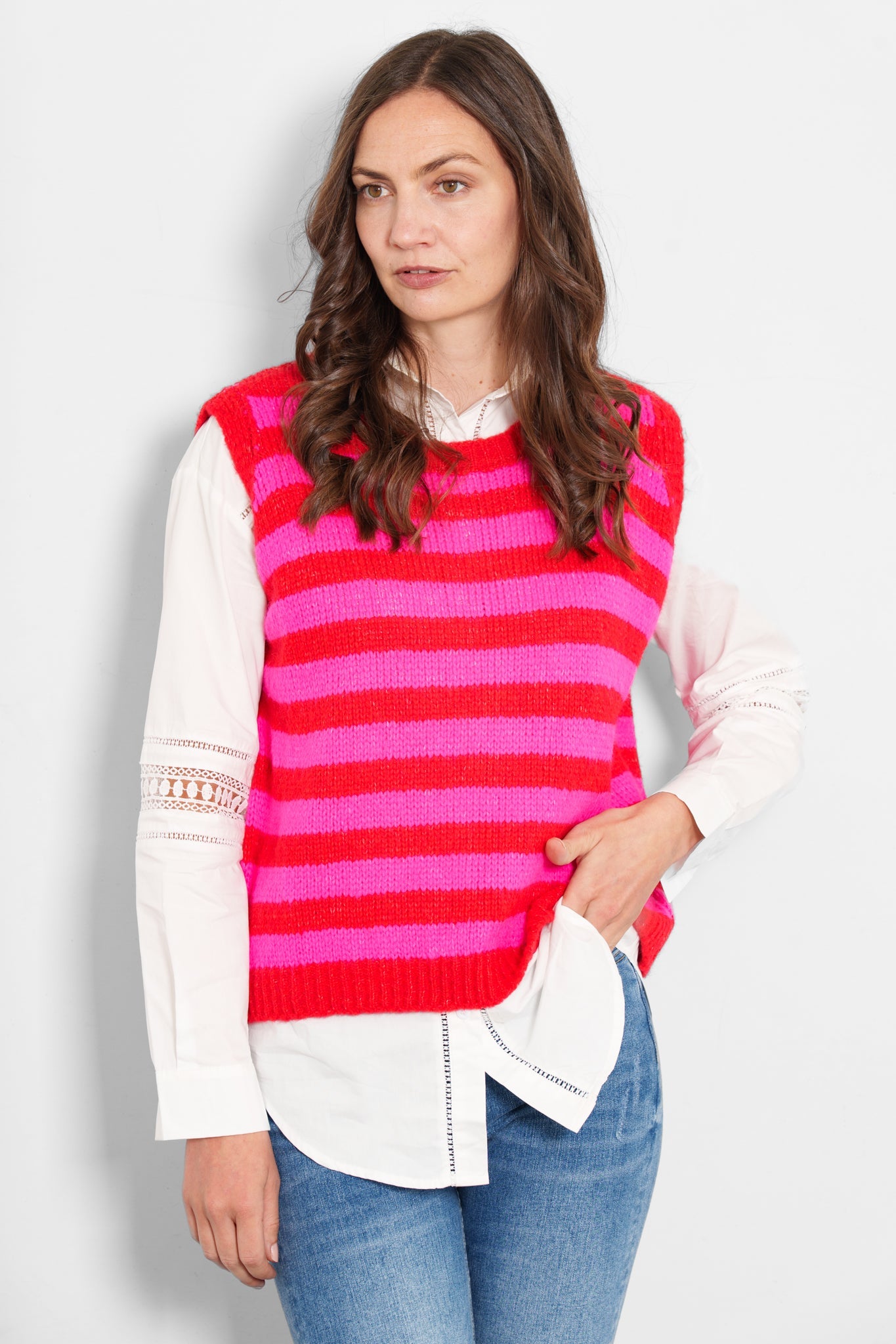 betsy-wool-blend-tank-top-red-fuchsia-striped-model-front-view