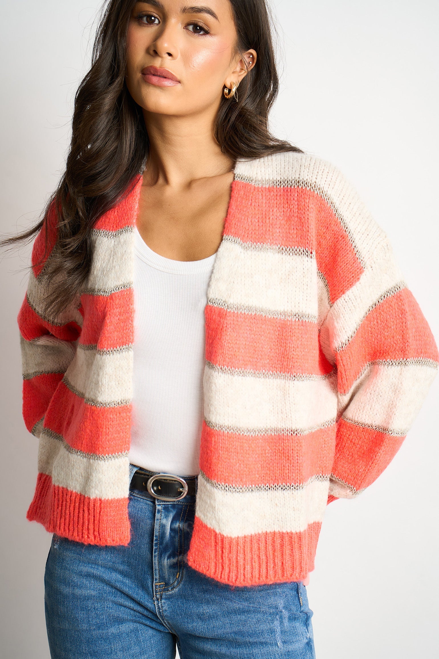 Glitter-Striped-Italian-Wool-Blend-Cardigan-in-Coral-Front-View