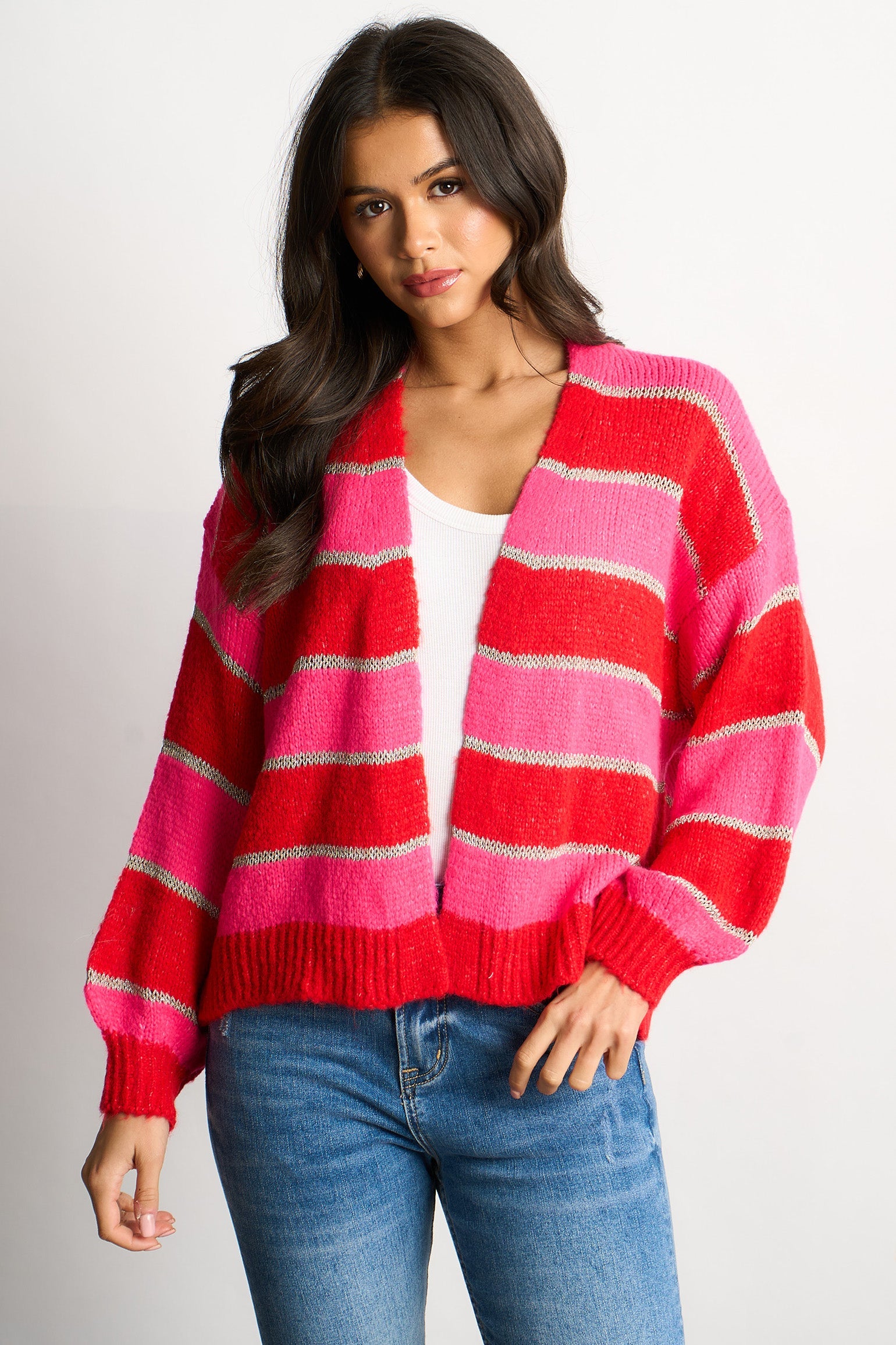 Glitter-Striped-Italian-Wool-Blend-Cardigan-in-Red-Front-View