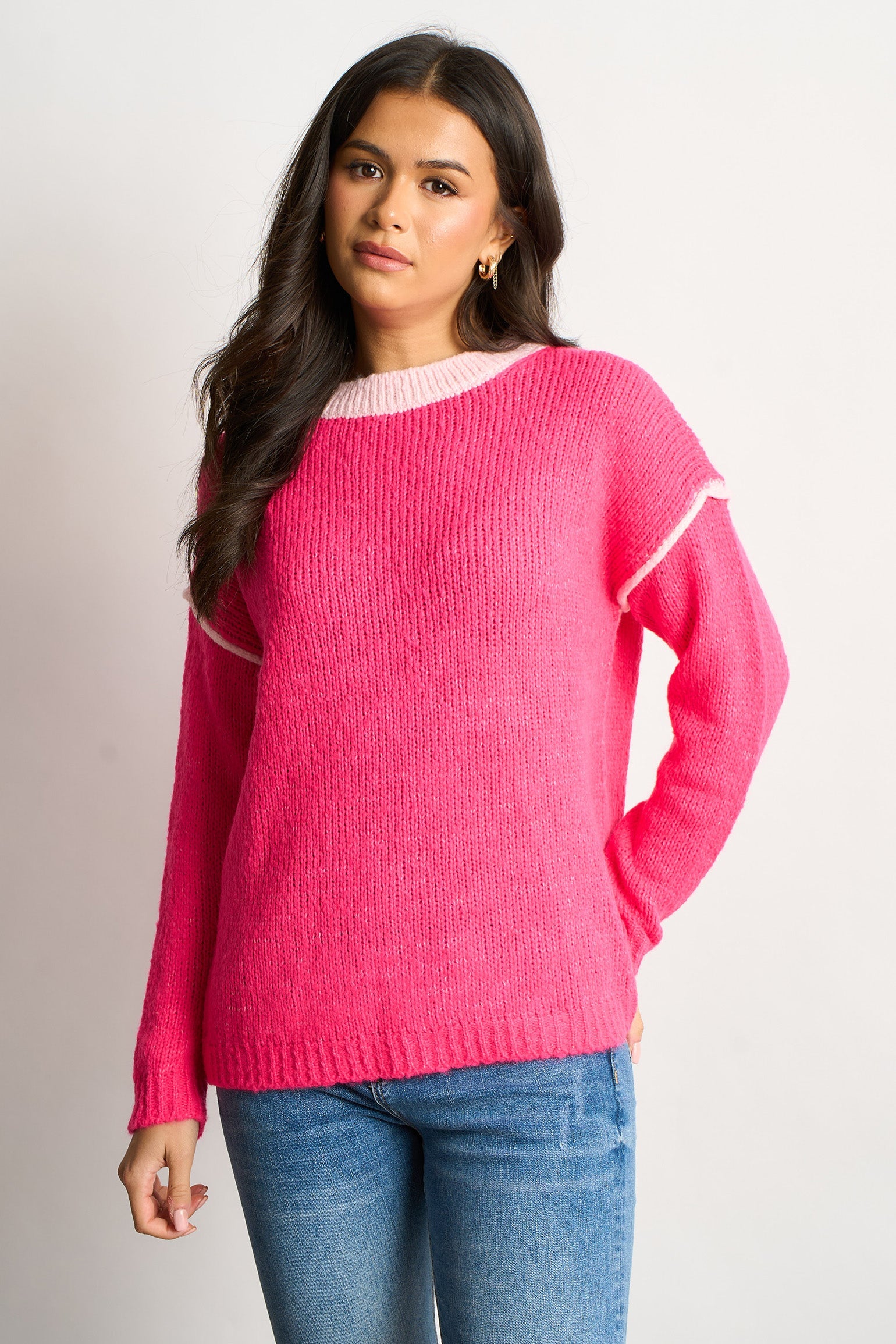 Contrast-Stitch-Italian-Wool-Blend-Jumper-in-Pink-Front-View