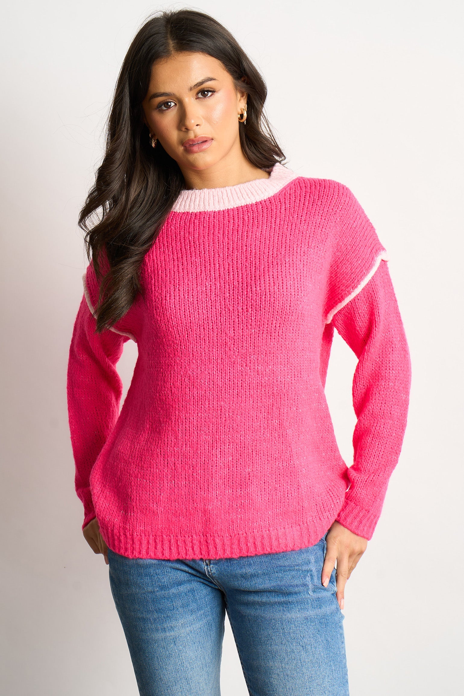Contrast-Stitch-Italian-Wool-Blend-Jumper-in-Pink-Front-View