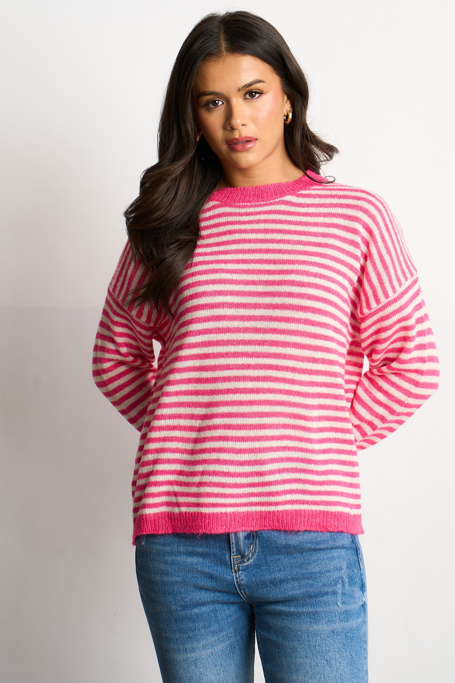 Striped-Italian-Wool-Blend-Knitted-Jumper-in-Pink-Front