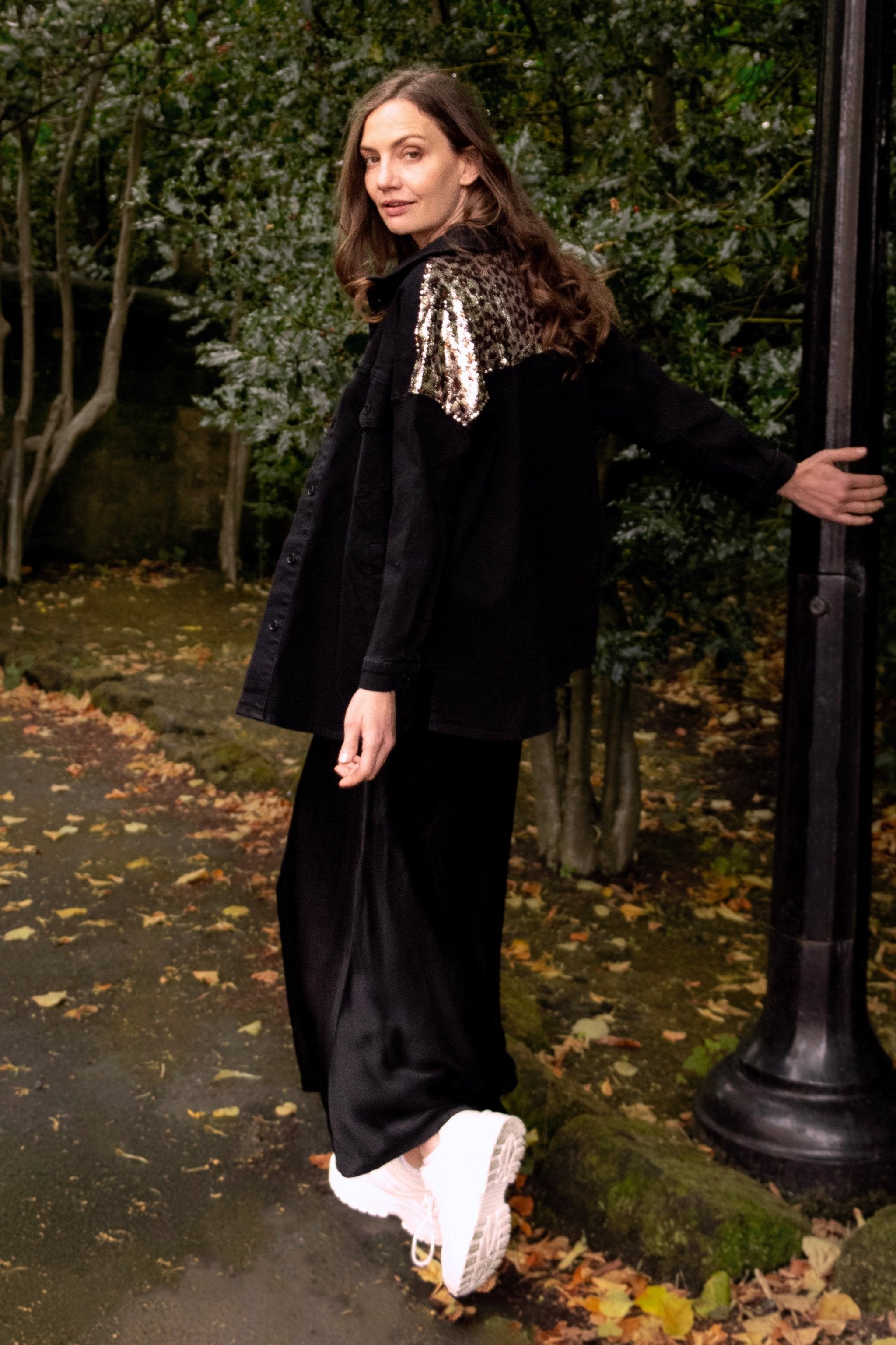 Andie Denim Jacket - Black, Leopard Sequin