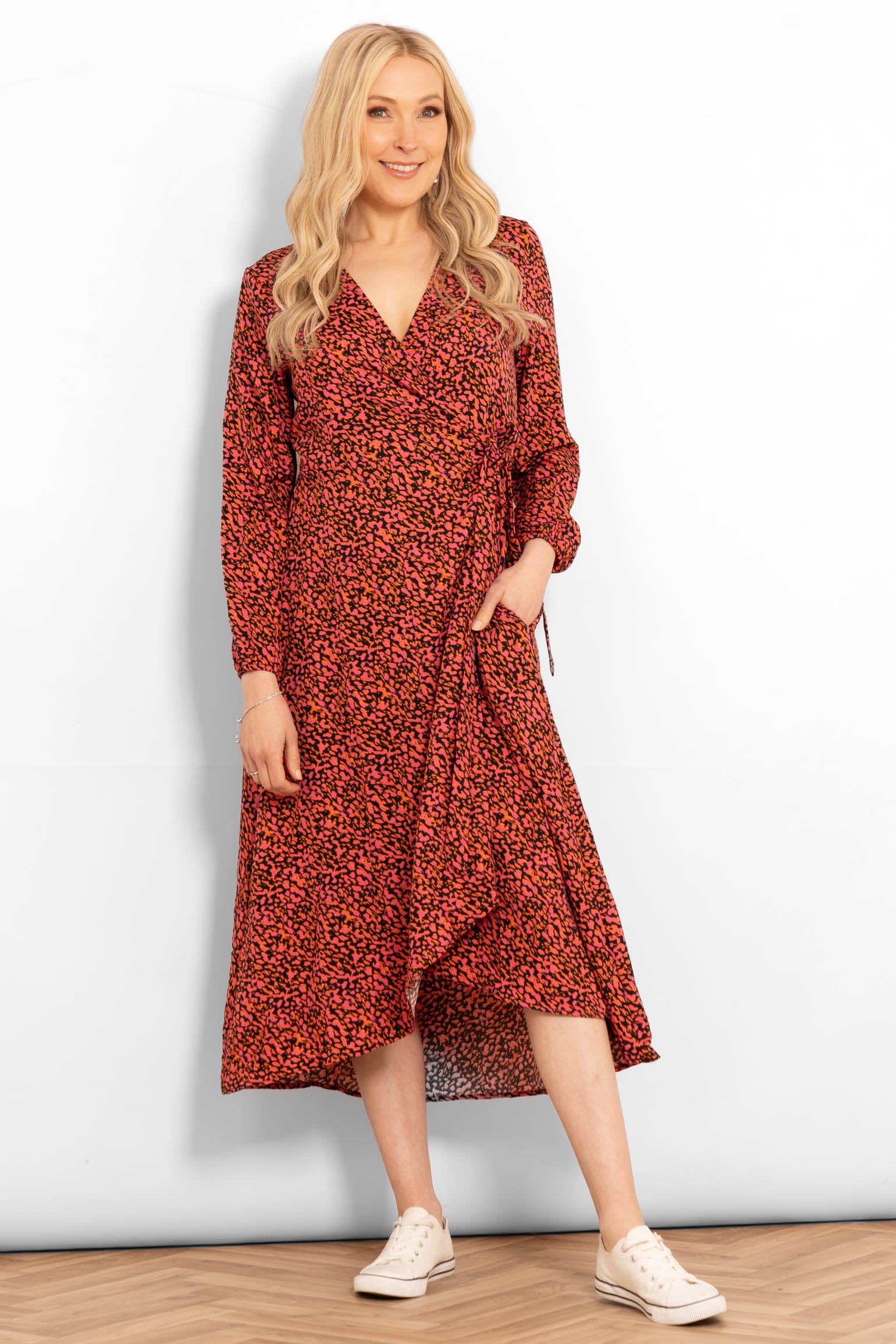 parker-long-sleeve-midi-wrap-dress-fuchsia-abstract-spot-model-pockets