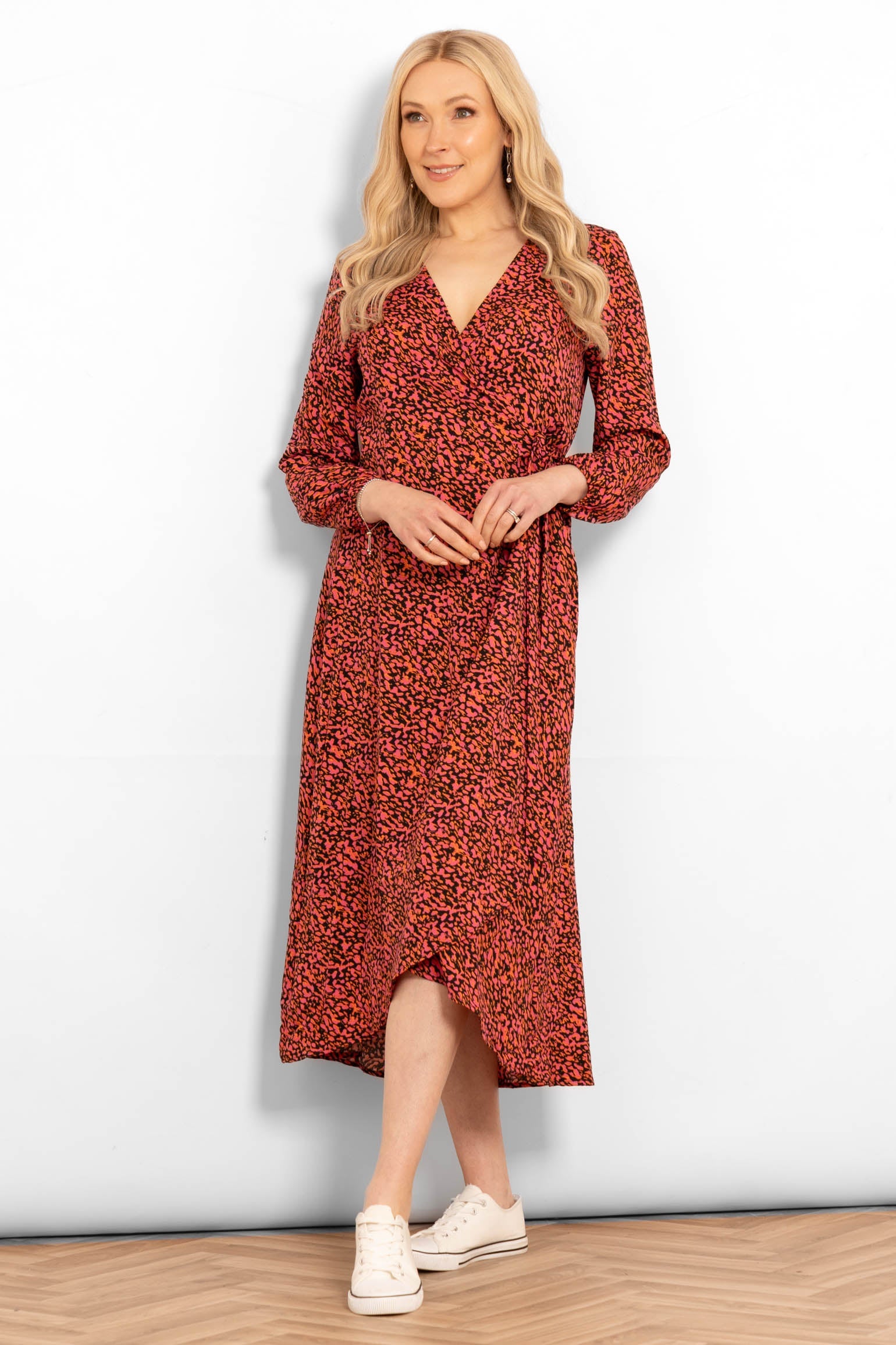 parker-long-sleeve-midi-wrap-dress-fuchsia-abstract-spot-front-view