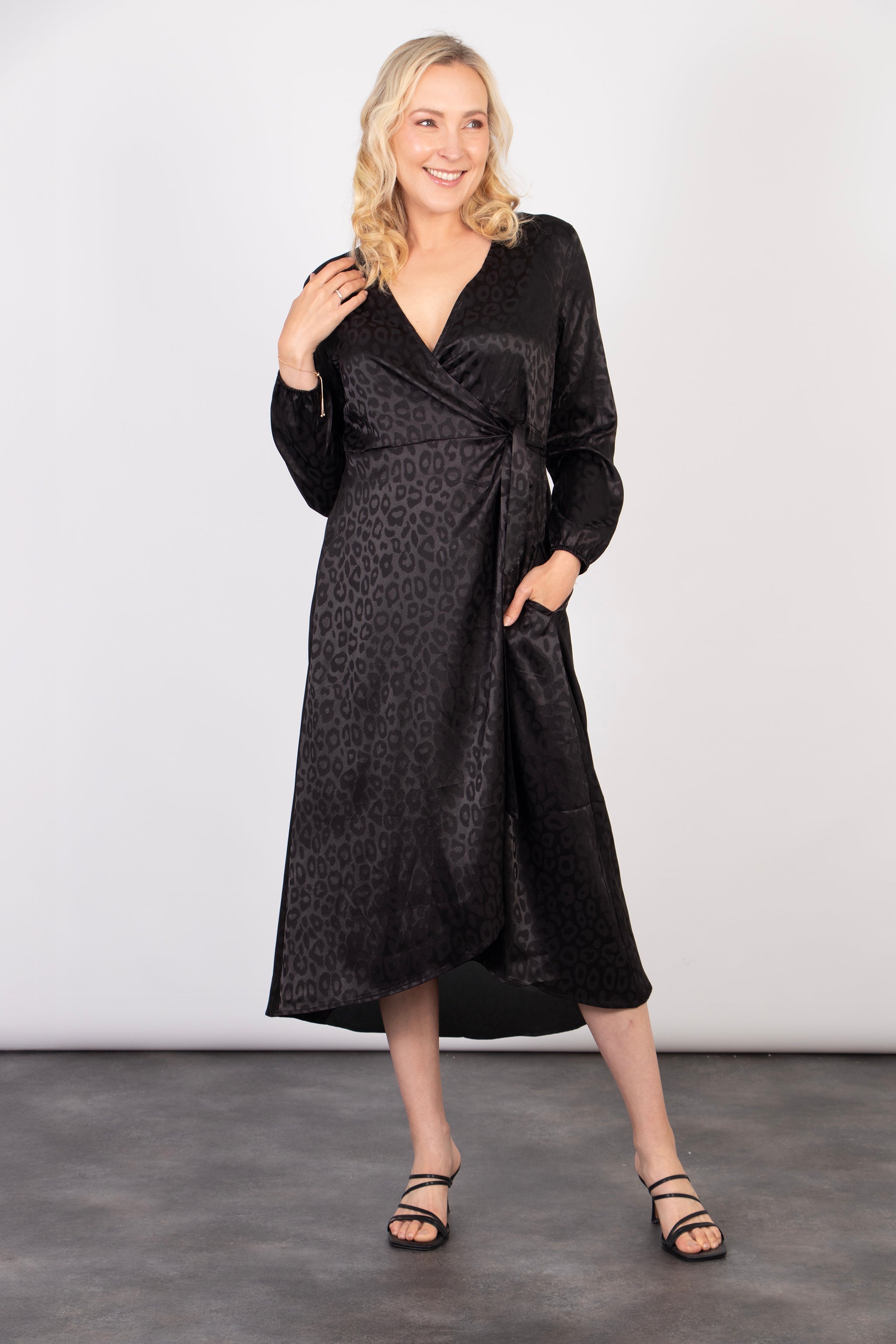 Parker Long Sleeve Midi Wrap Dress - Black, Leopard Print