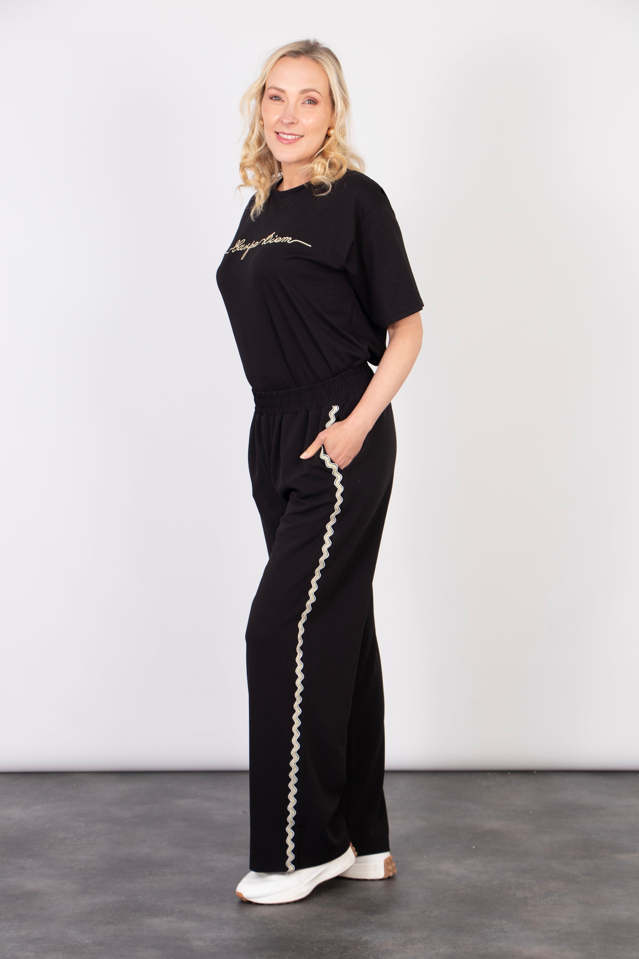 Margot Wide Leg Trouser - Black/Gold, Wavy Stripe