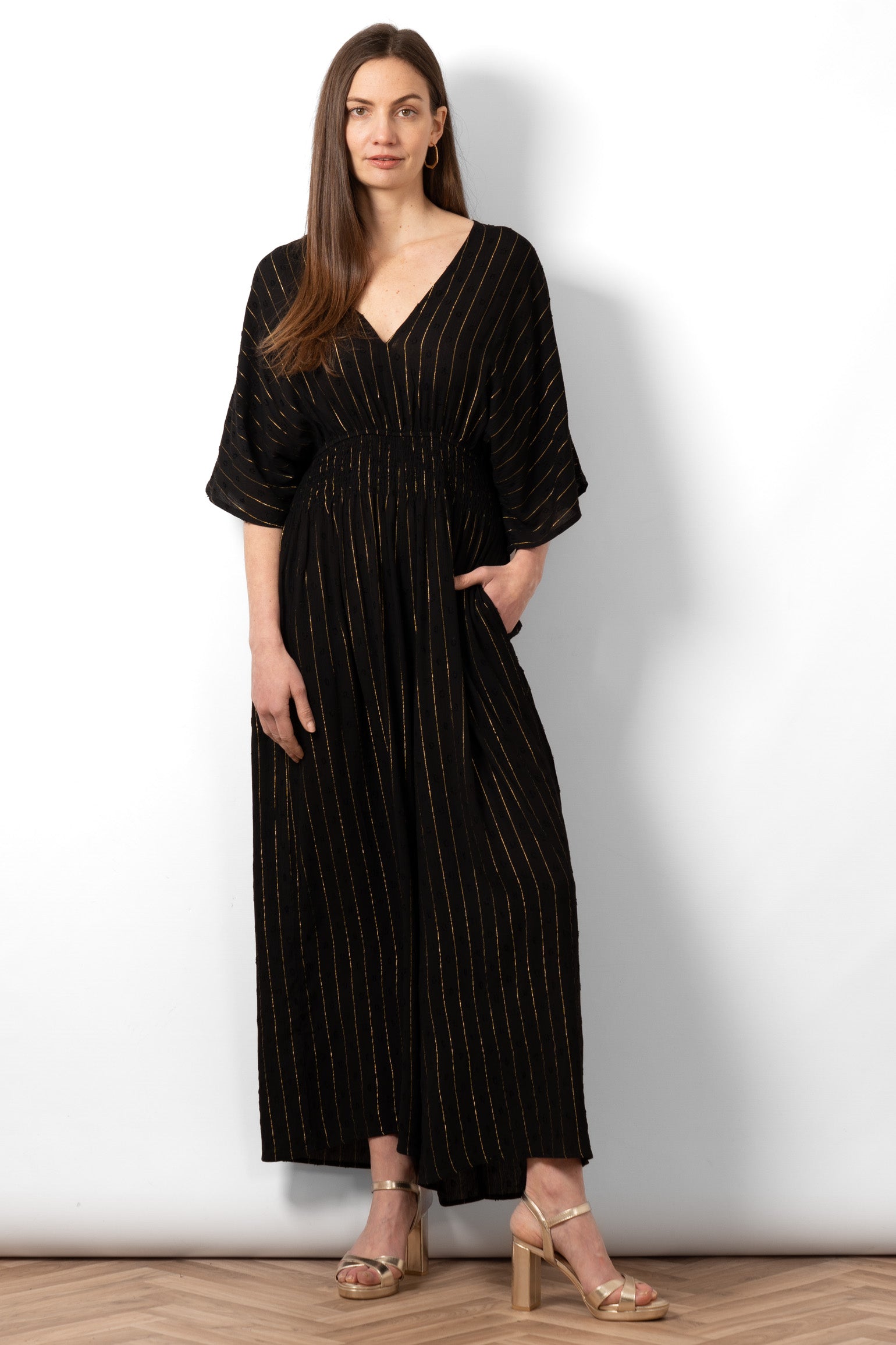 Lyra Jumpsuit - Black, Metallic Stripe