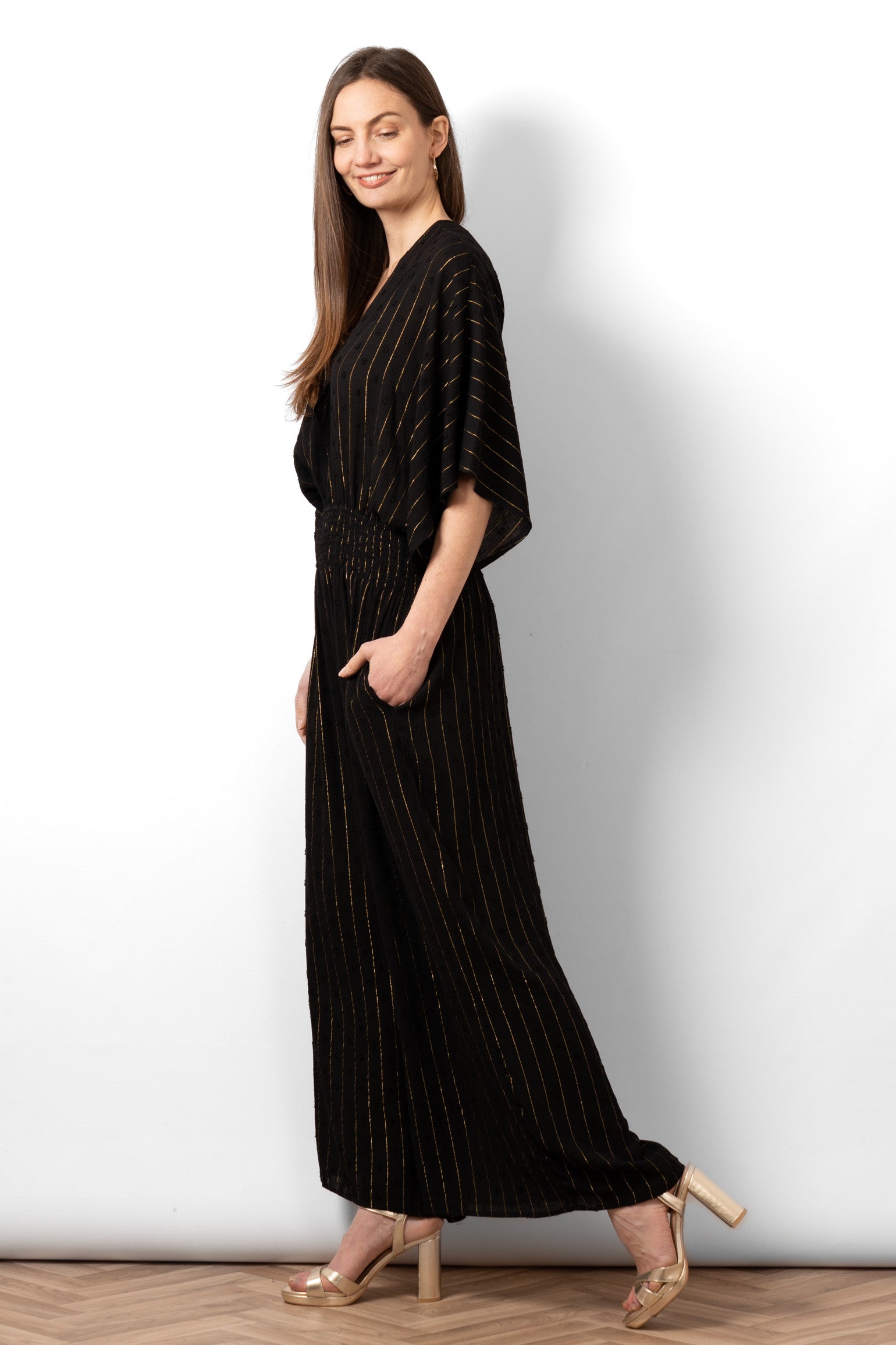 Lyra Jumpsuit - Black, Metallic Stripe