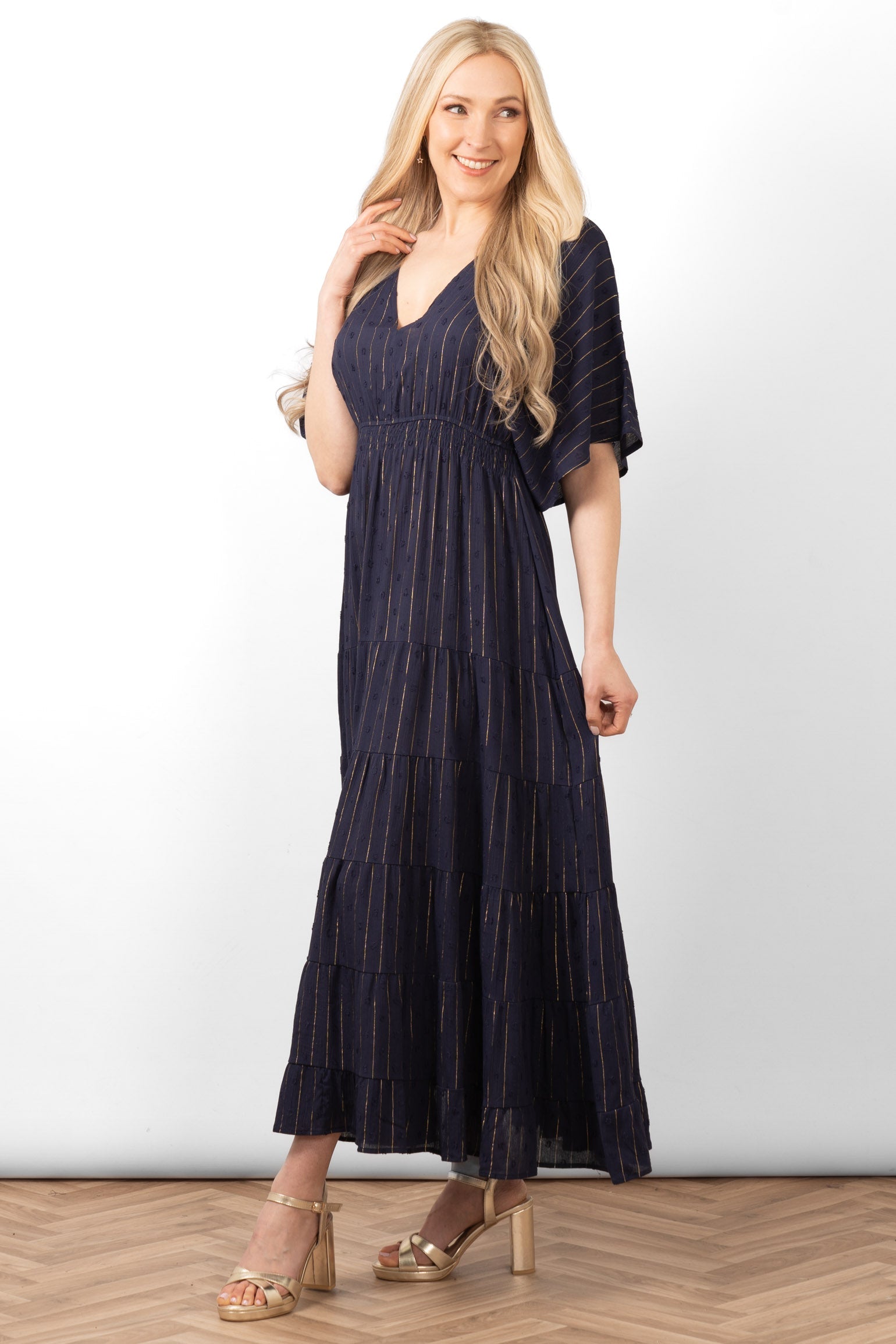 sienna-maxi-kaftan-dress-navy-blue-gold-metallic-stripe-tiered-hem