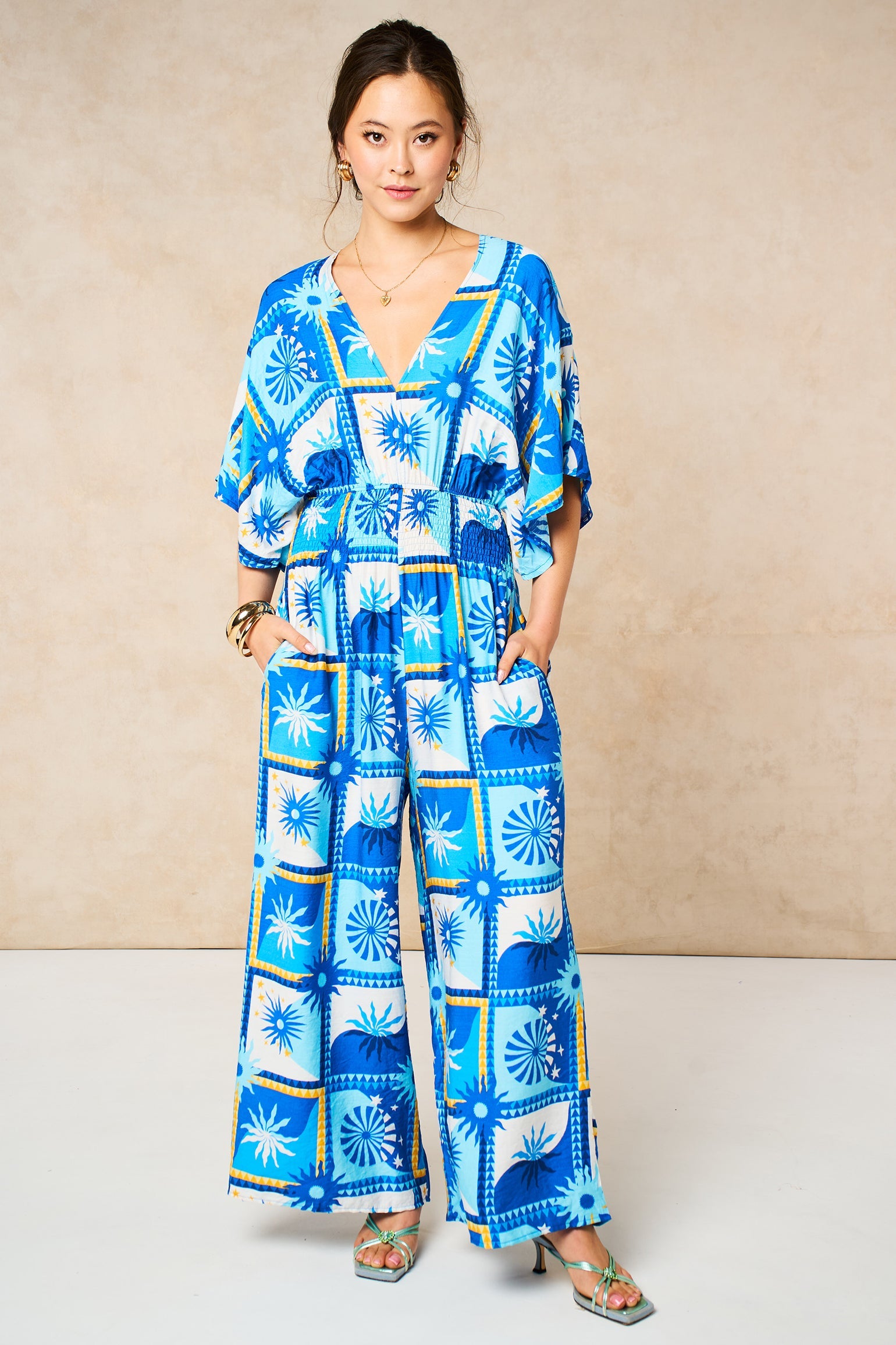 Sun-Checkerboard-V-Neck-Jumpsuit-in-Blue-Front