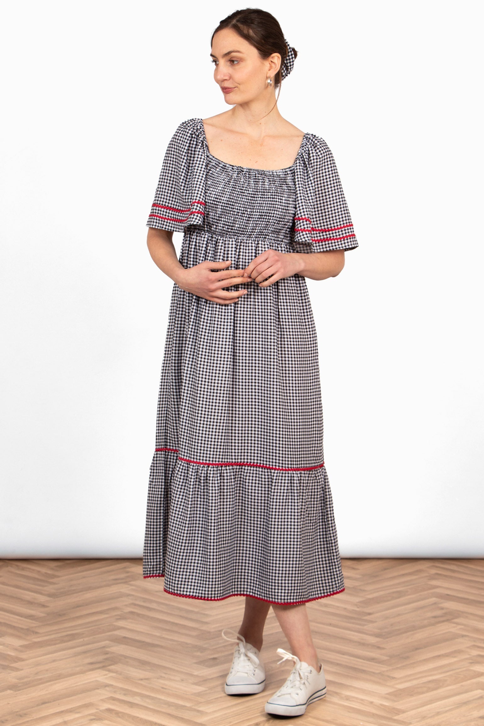 Sarta Gingham Milkmaid Maxi Dress Black Shirred Summer Sundress Flowy