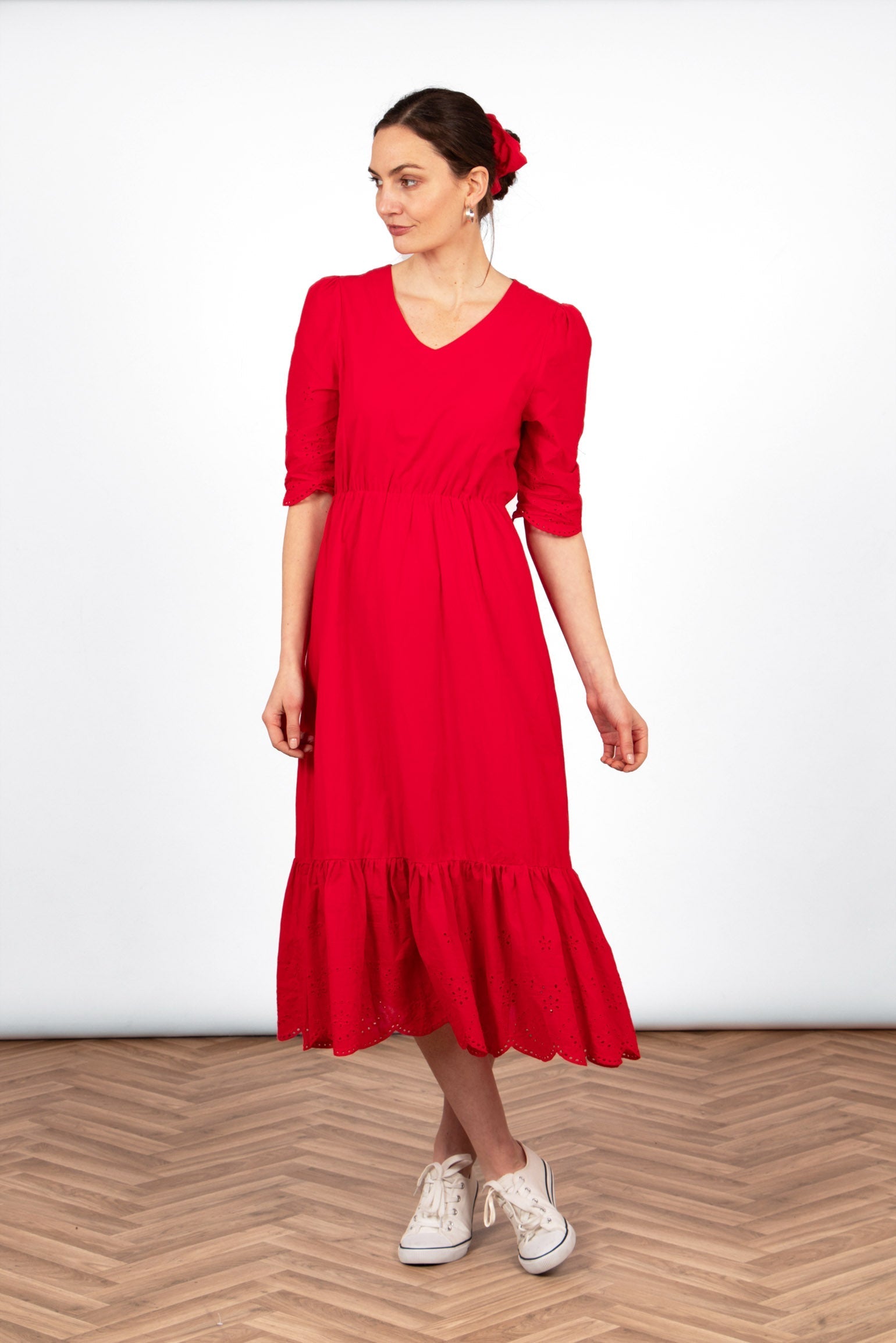 Sarta Red Fit Flare Cotton Midaxi Dress Broderie Anglaise Sundress