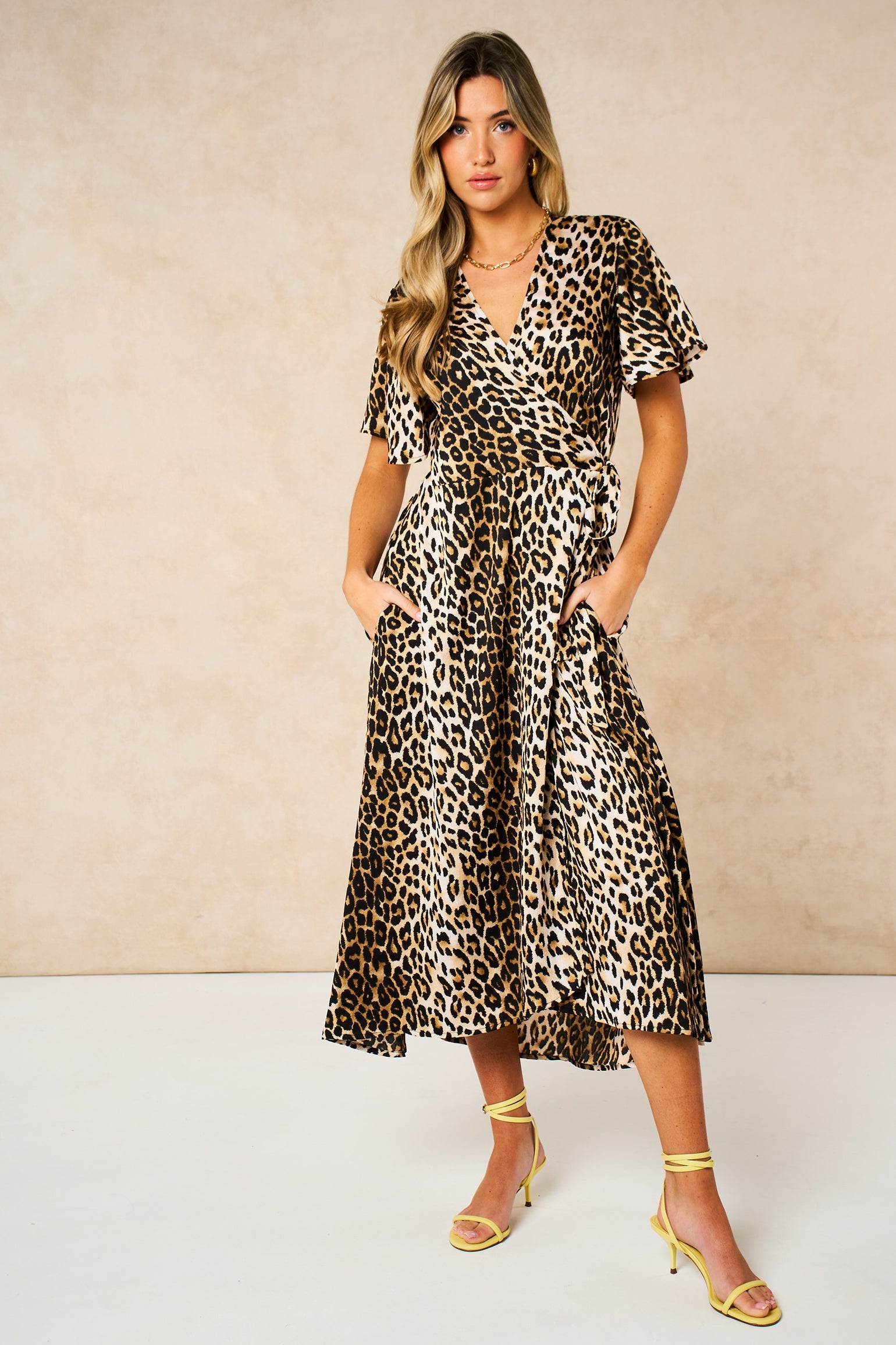 Leopard Print Midi Wrap Dress Summer - Cream - Sarta UK