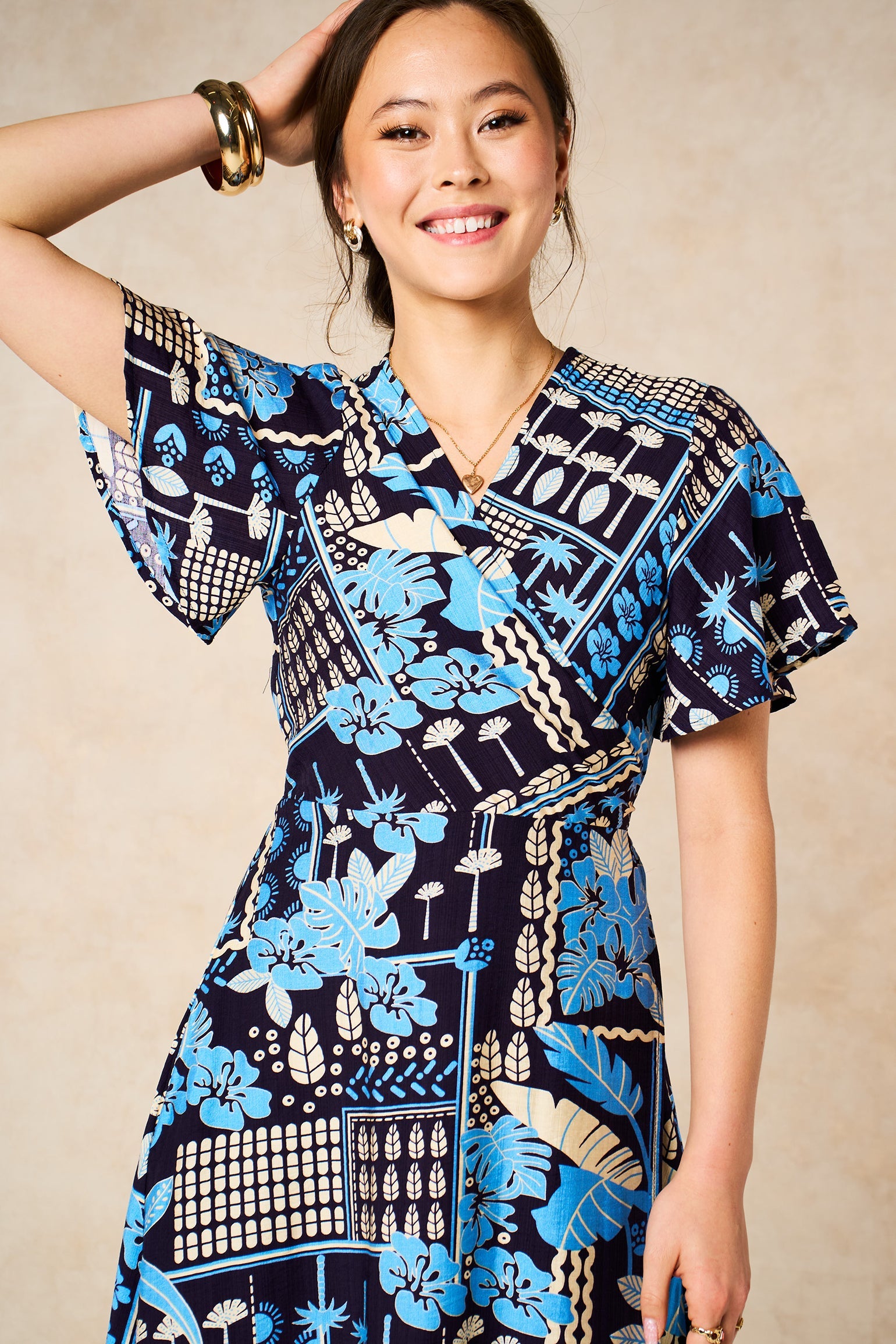 Tile-Print-Midaxi-Wrap-Dress-in-Navy-Blue-closeup