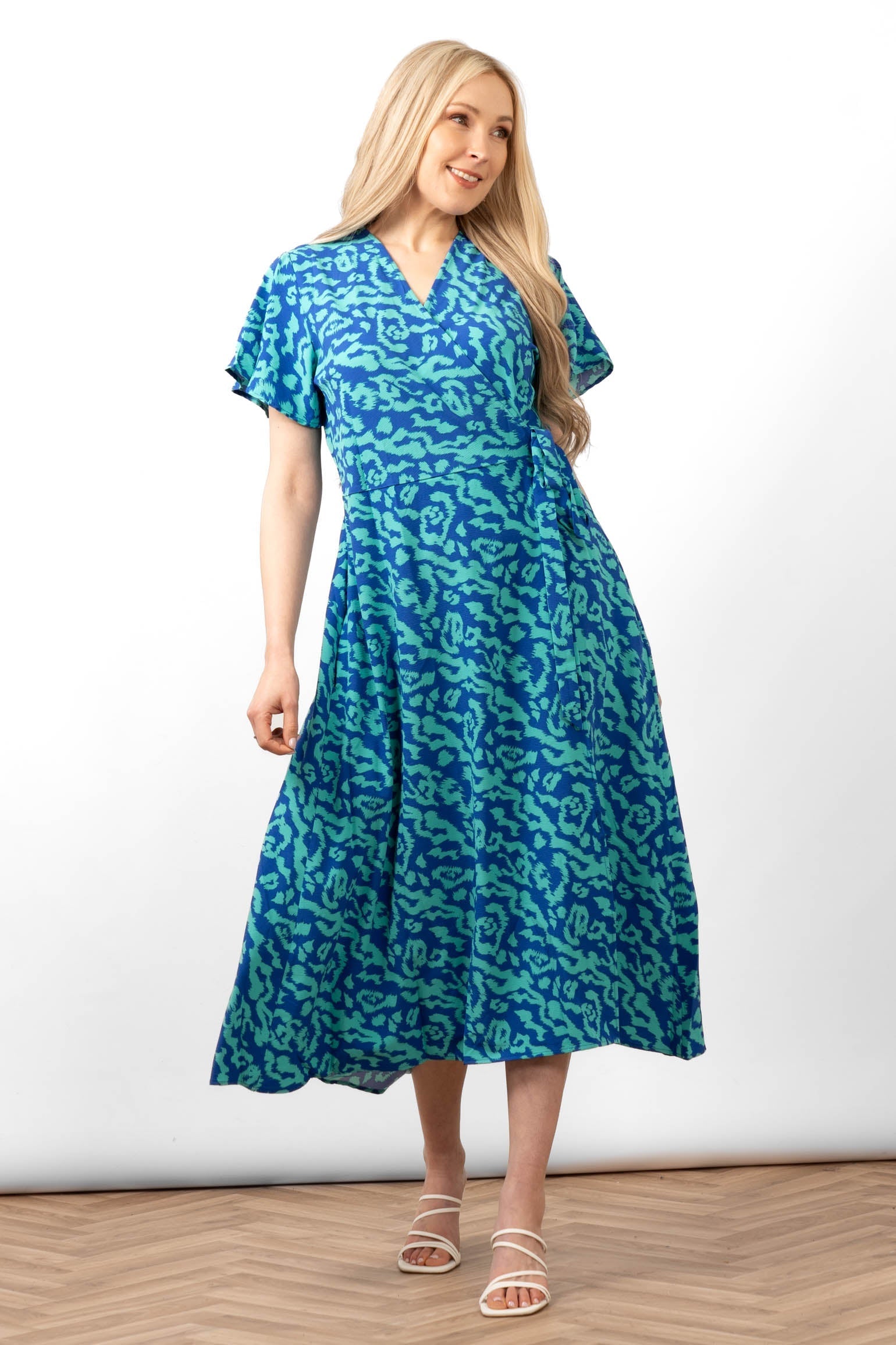 Sarta Blue Animal Print Midi Wrap Dress Short Sleeve V-Neck Sundress