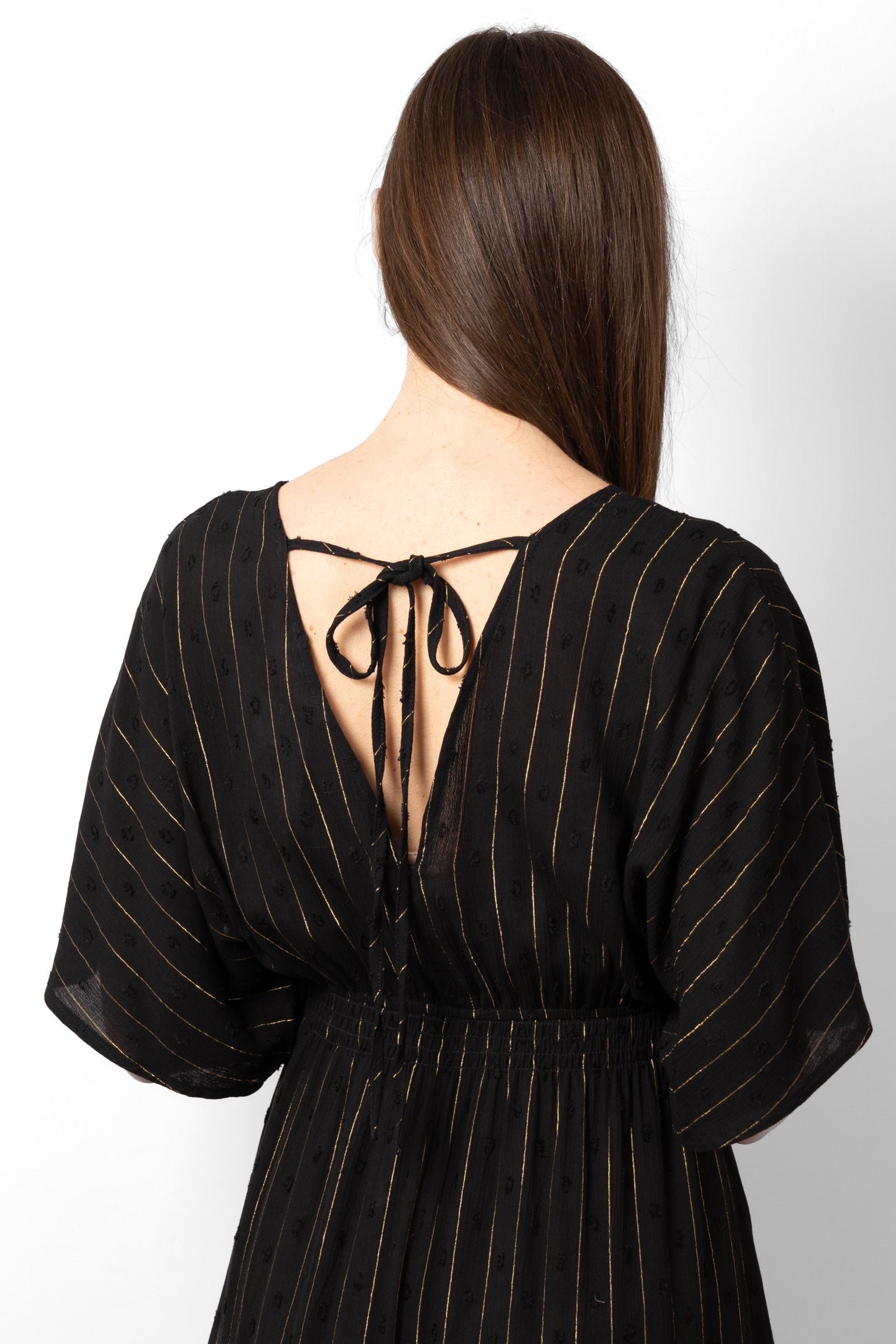 sienna-maxi-kaftan-dress-black-gold-metallic-stripe-open-back-tie-fastening-back-of-neck