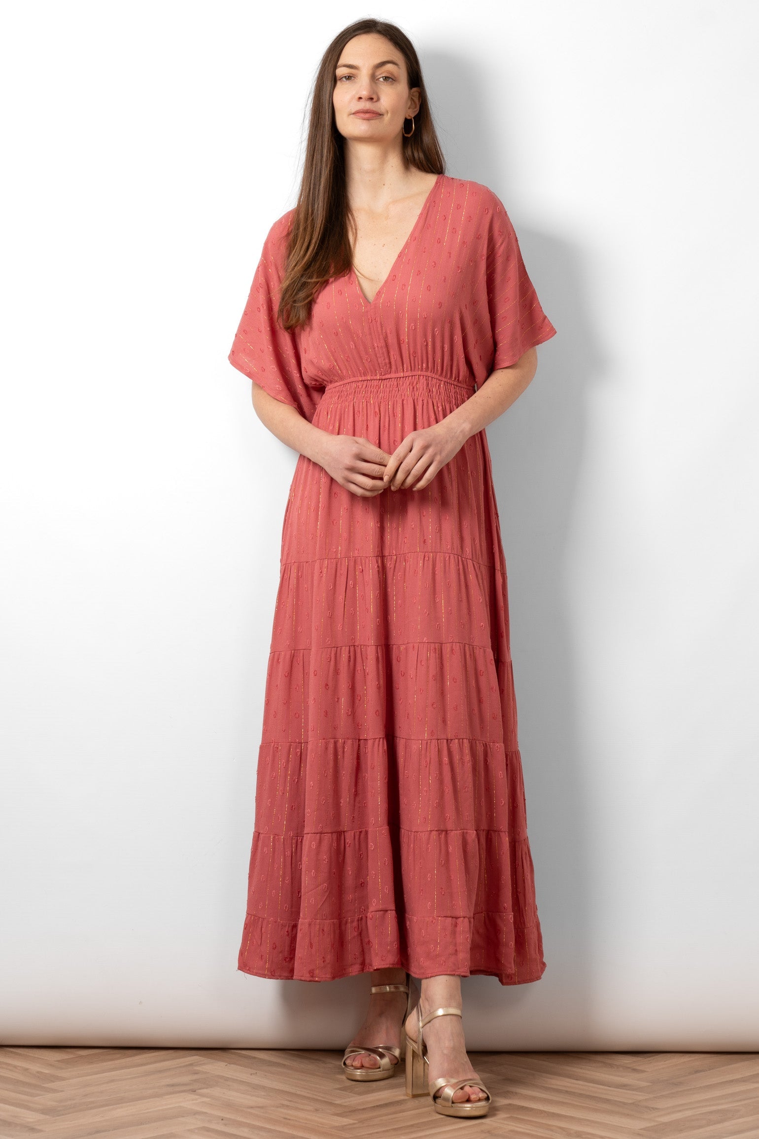 sienna-maxi-kaftan-dress-coral-gold-metallic-stripe-front-view-on-model