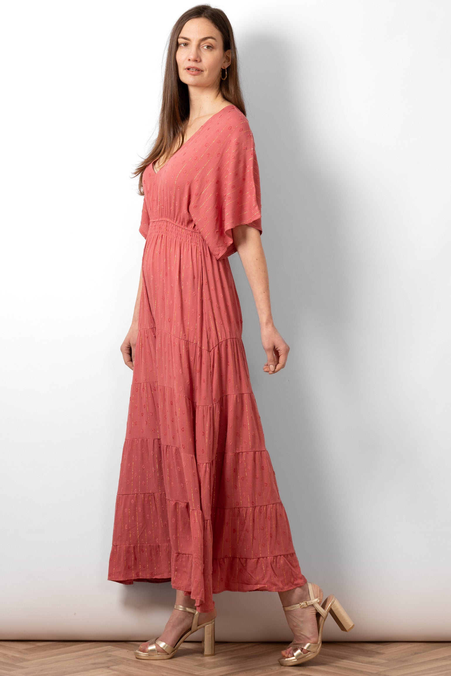 sienna-maxi-kaftan-dress-coral-gold-metallic-stripe-flowy