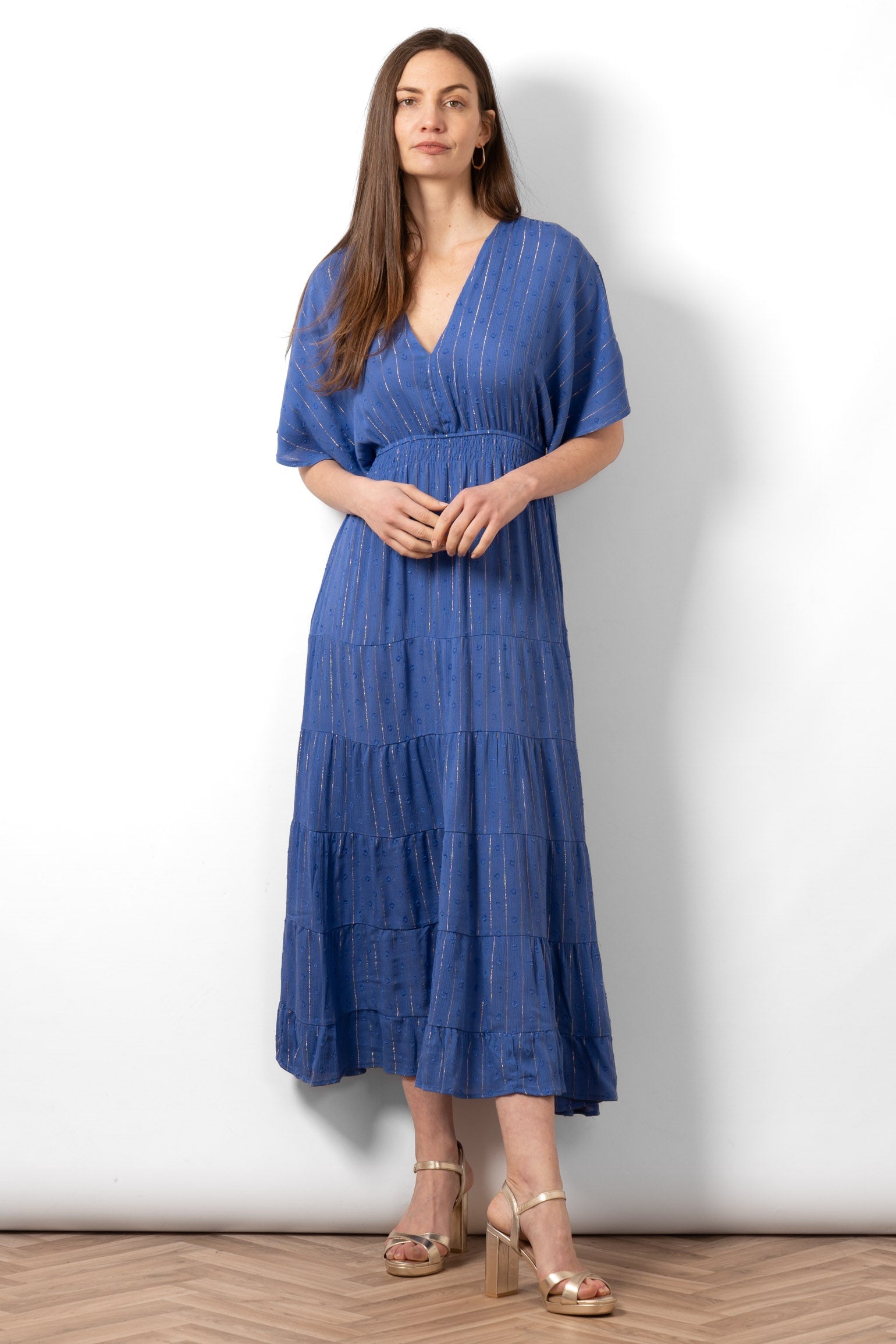sienna-maxi-kaftan-dress-royal-blue-metallic-stripe-styled-on-model-tiered-v-neck