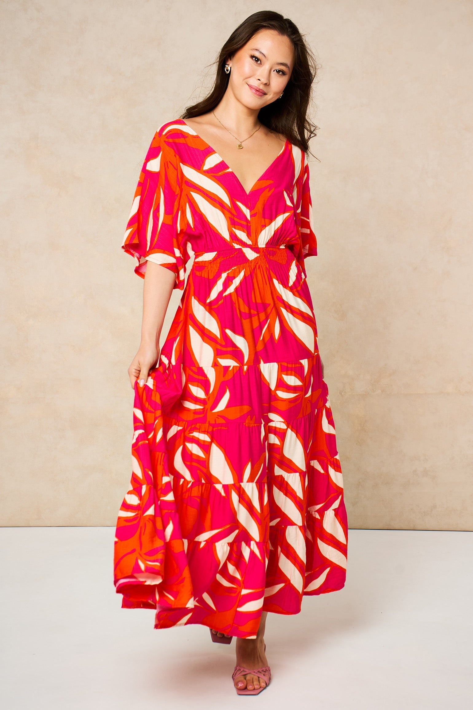 Tropical-Floral-Maxi-Kaftan-Dress-in-Hot-Pink-back