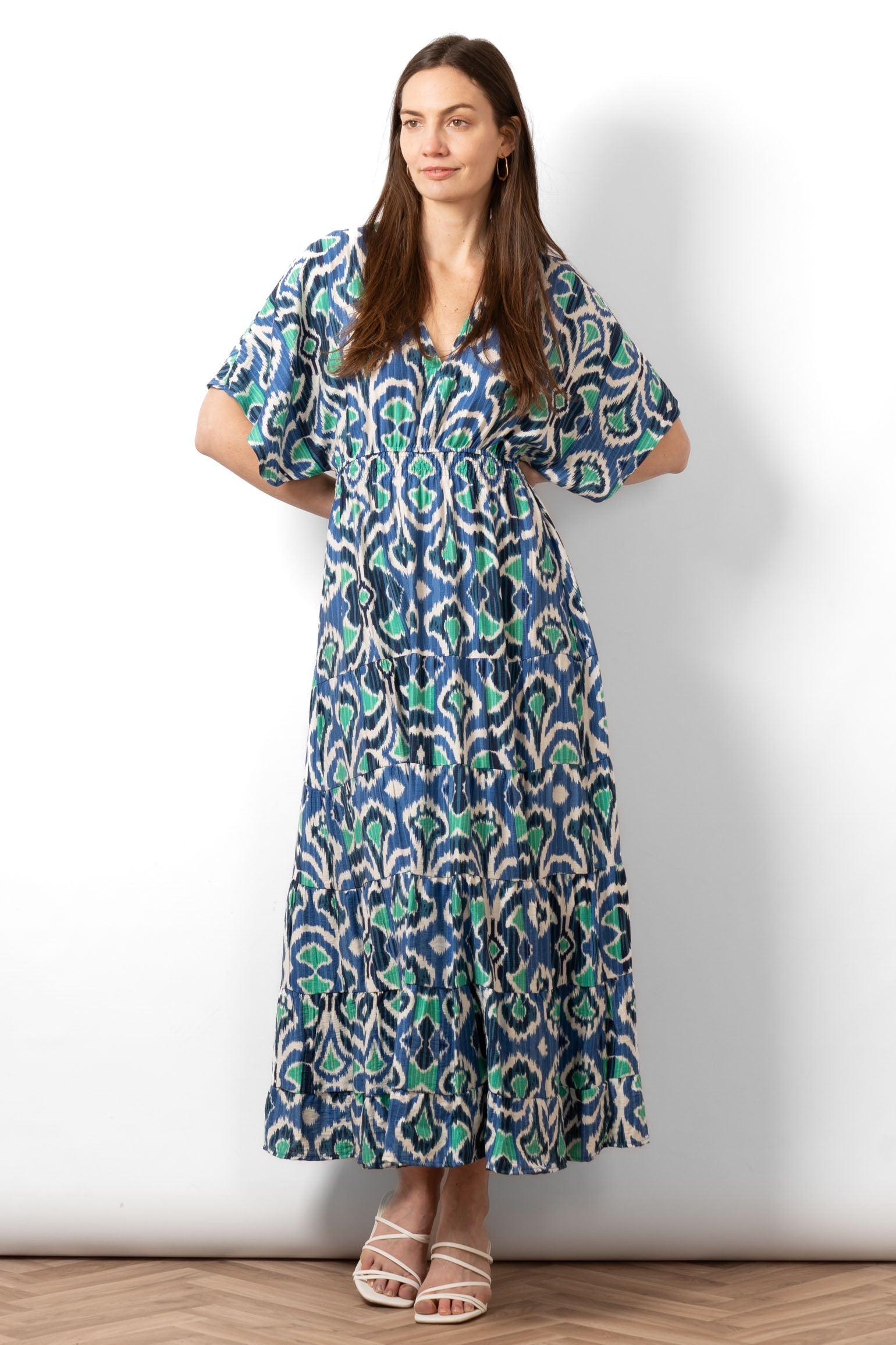 fitted lace wedding dress Sarta Women's Sienna Maxi Kaftan Dress - Blue, Ikat Print in Blue