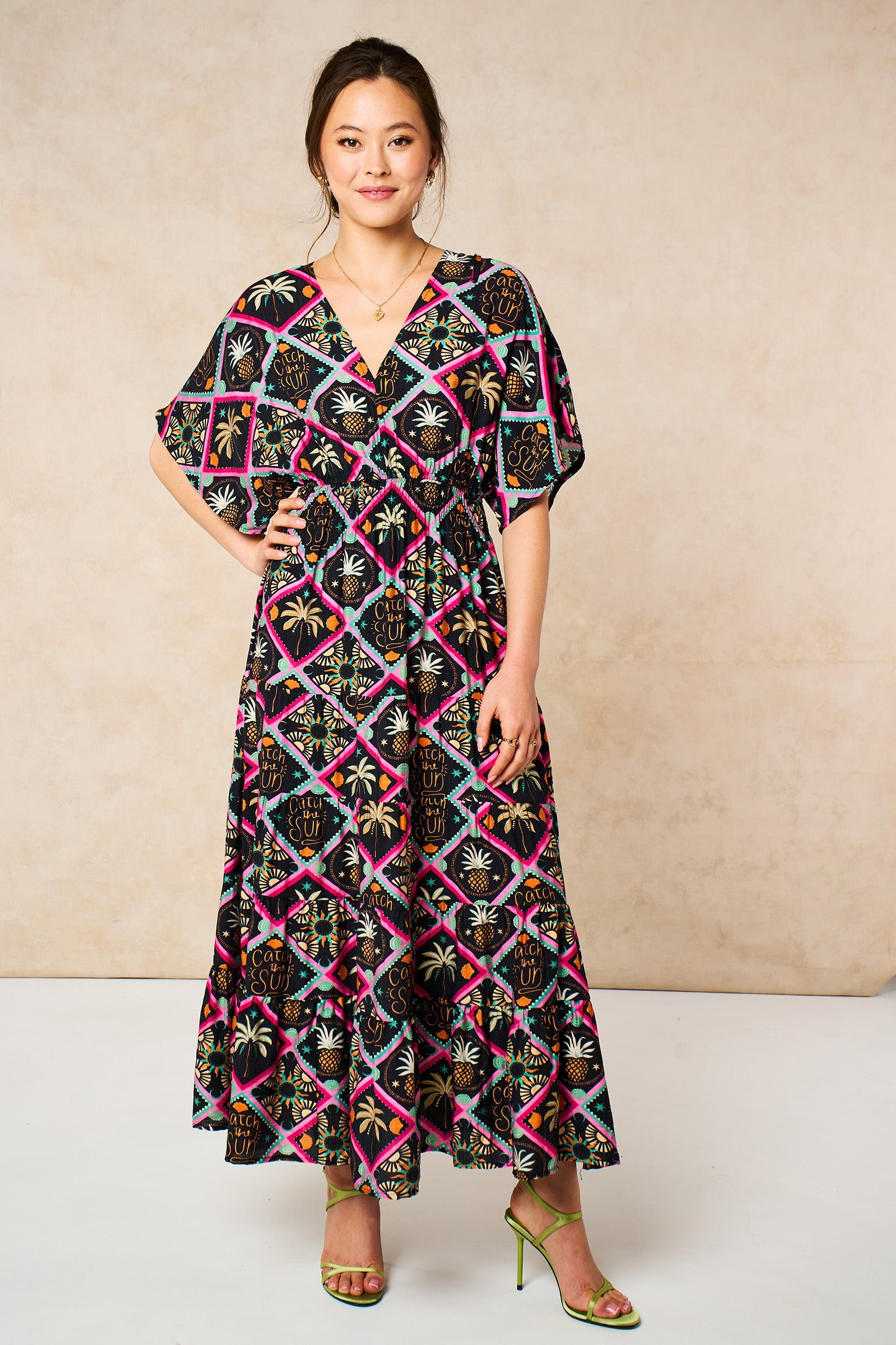 Pineapple-Print-Maxi-Kaftan-Dress-in-Black-front