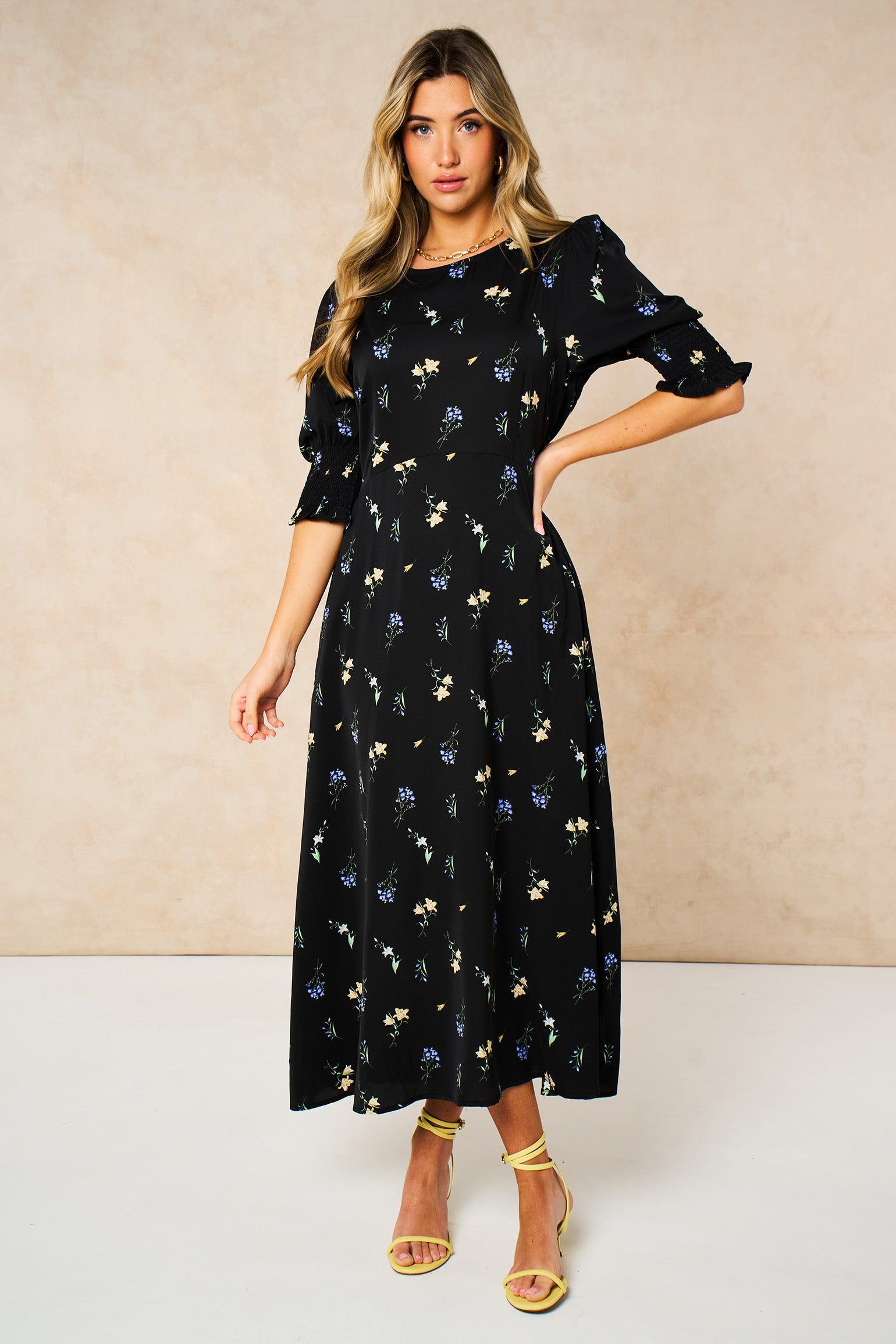Floral-Posy-Midi-Tea-Dress-in-Black-front