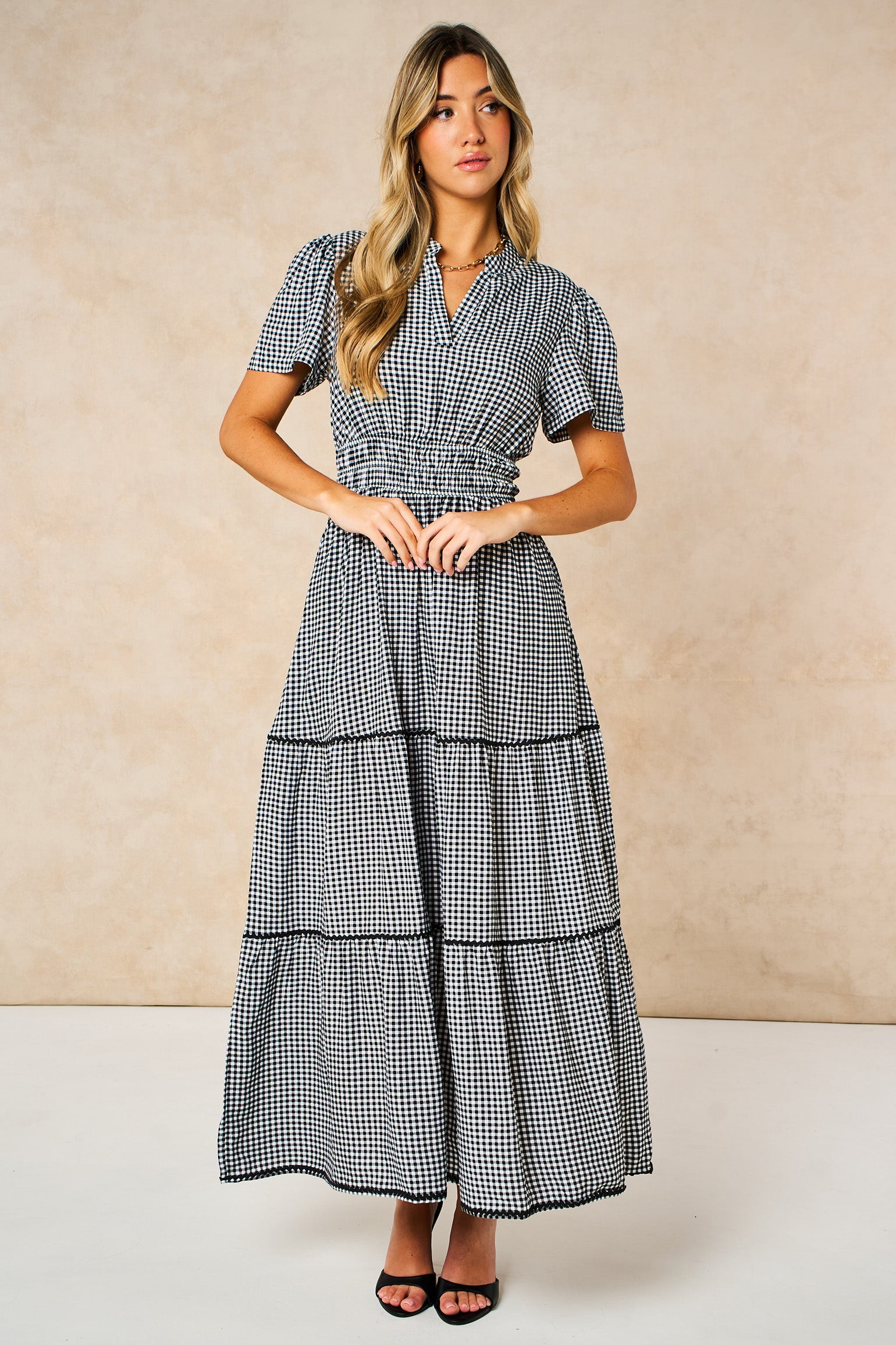 Gingham-Tiered-Maxi-Dress-in-Black-Front