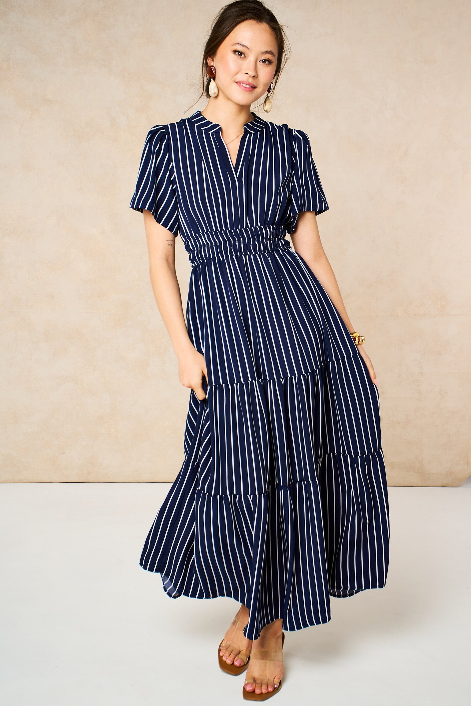 Striped Tiered Maxi Dress Summer - Navy Blue - Sarta UK