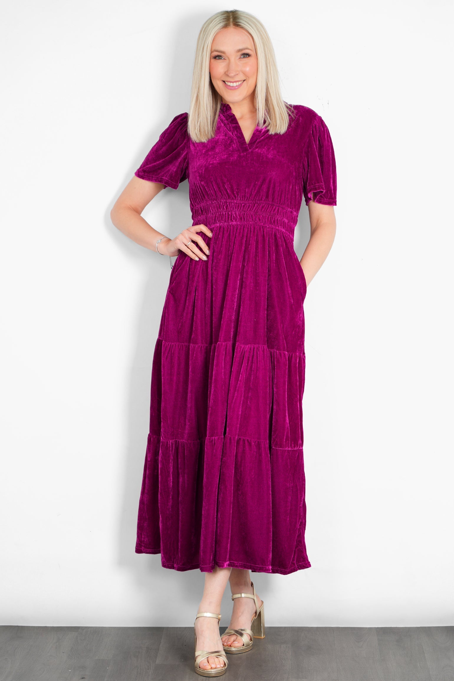 Sarta Women's Roxy Tiered Velvet Maxi Dress in Pink