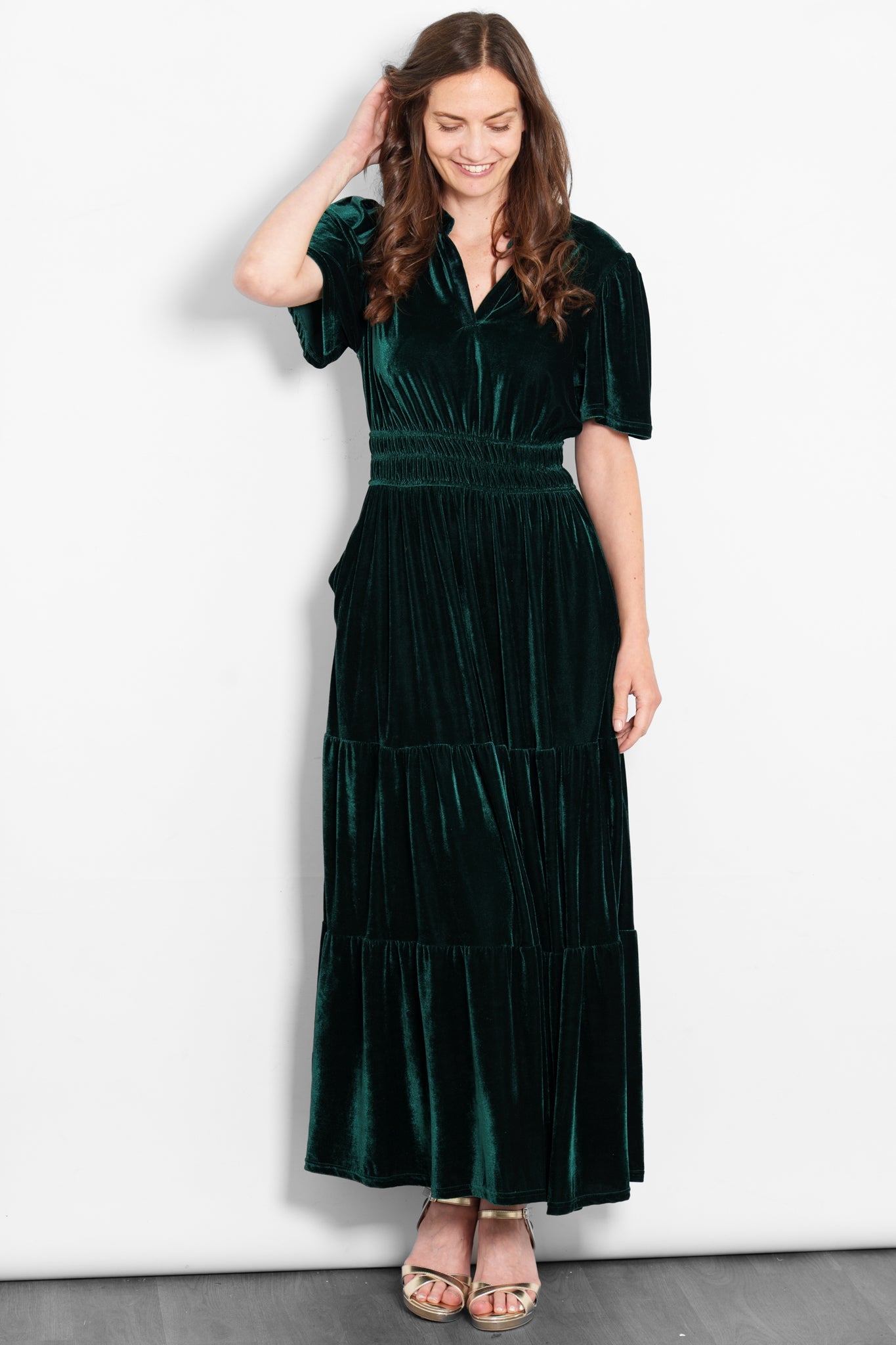 Sarta Women's Roxy Tiered Velvet Maxi Dress in Green | Size: Medium Sarta Women's Roxy Tiered Velvet Maxi Dress in Green | Size: Medium