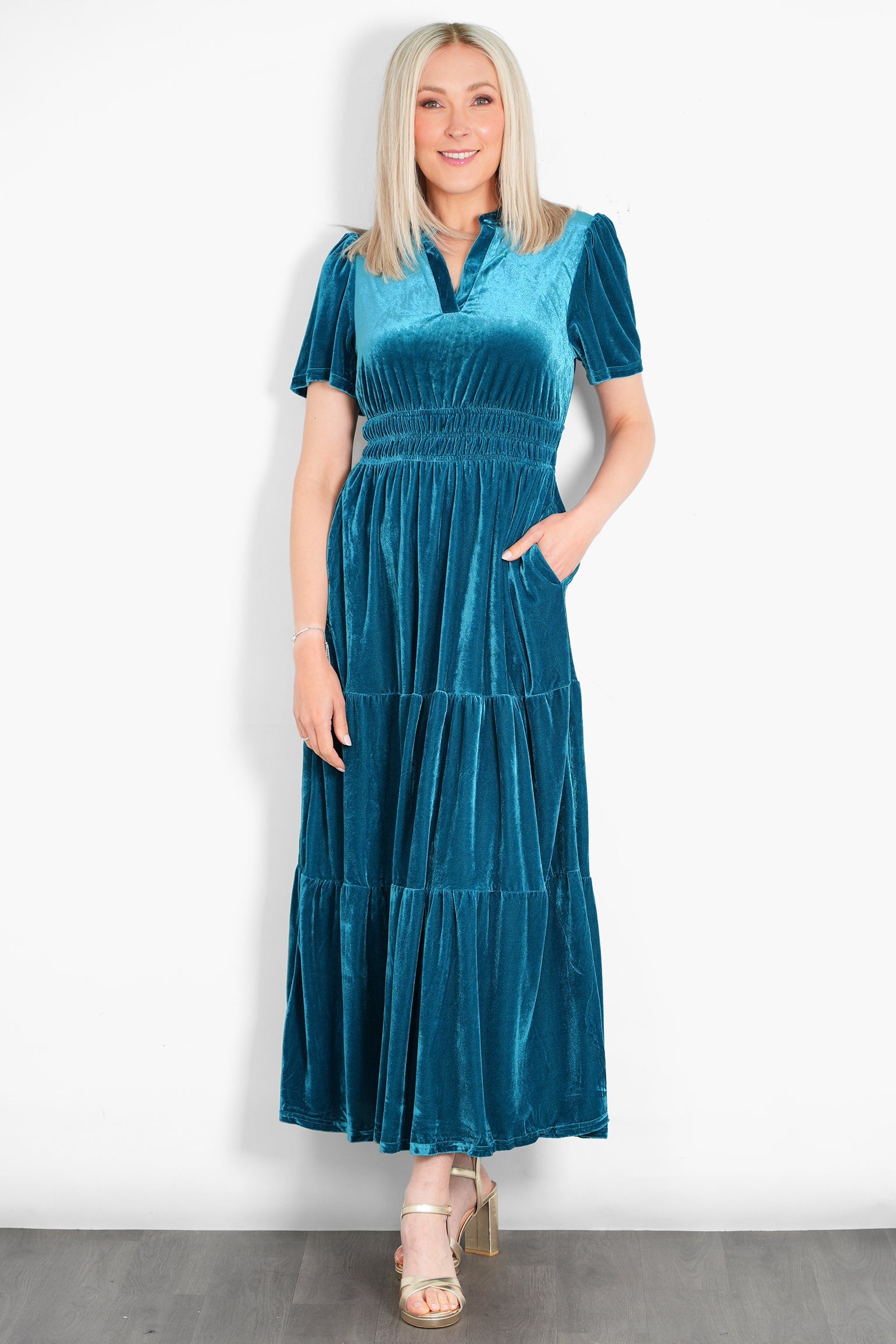 Sarta Women's Roxy Tiered Velvet Maxi Dress in Teal | Size: Medium Sarta Women's Roxy Tiered Velvet Maxi Dress in Teal | Size: Medium
