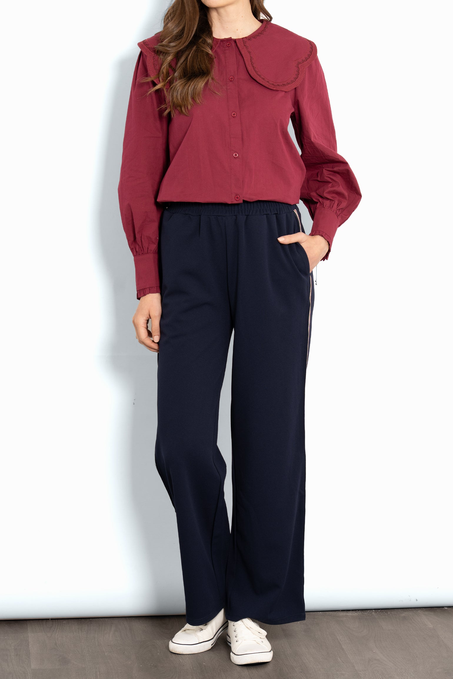 Margot Wide Leg Trousers- Navy Blue/Red, Stripe