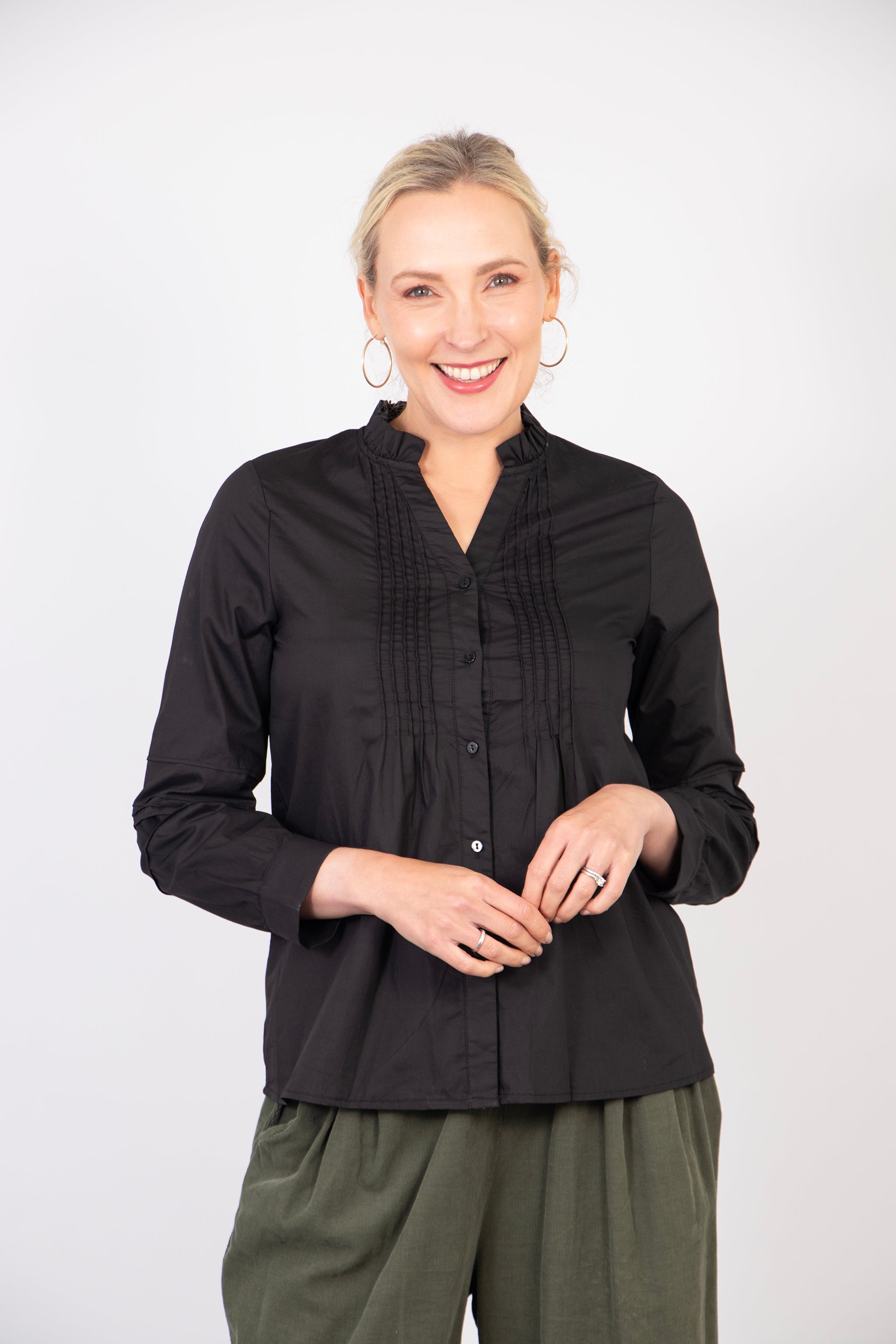 Ophelia Grandad Collar Cotton Shirt - Black, Pleated